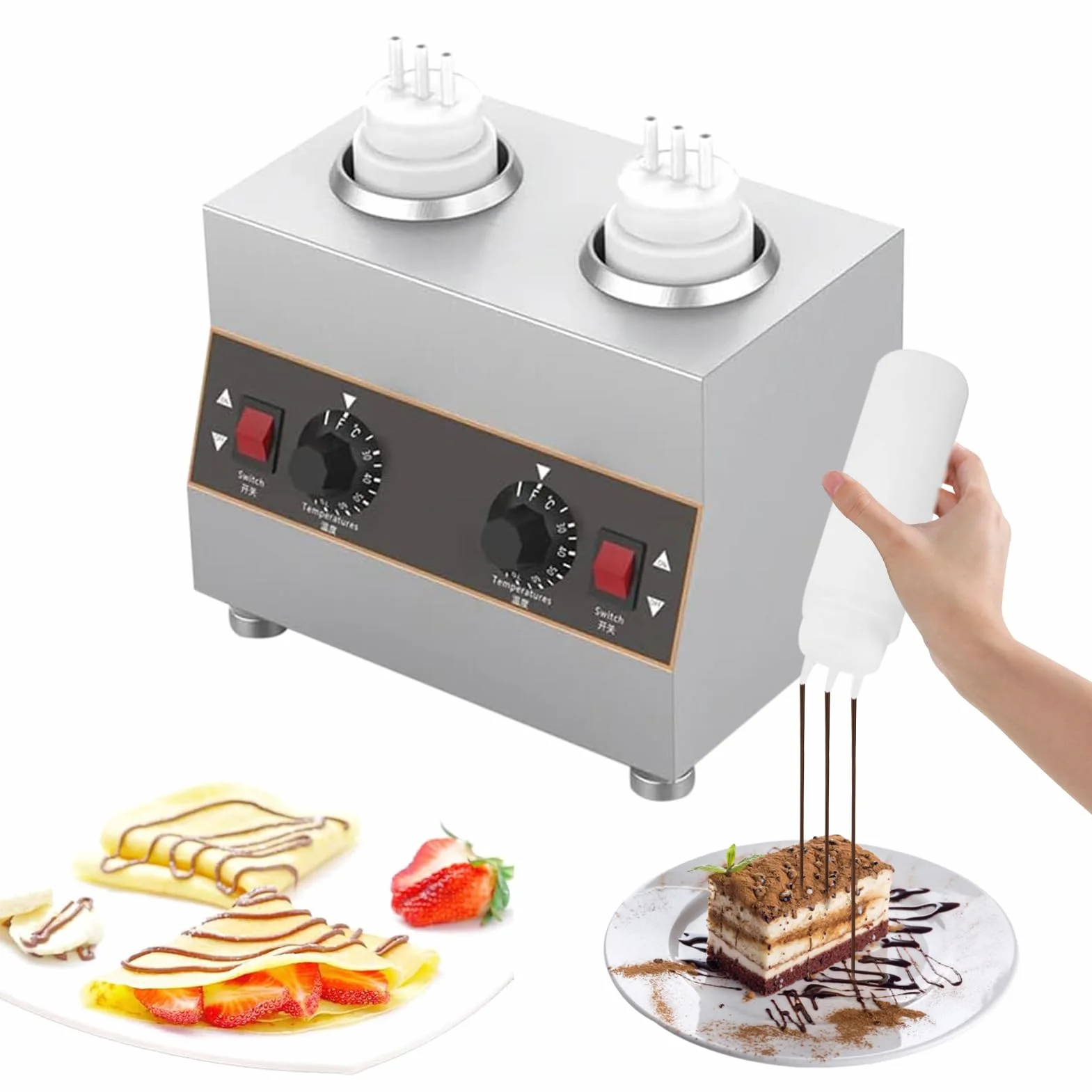 Calentador de salsas eléctrico comercial con botella de 2 x 650 ml, dispensador de salsa de queso eléctrico comercial, control de temperatura, para calentar chocolate, mantequilla y mermelada (30-85 °