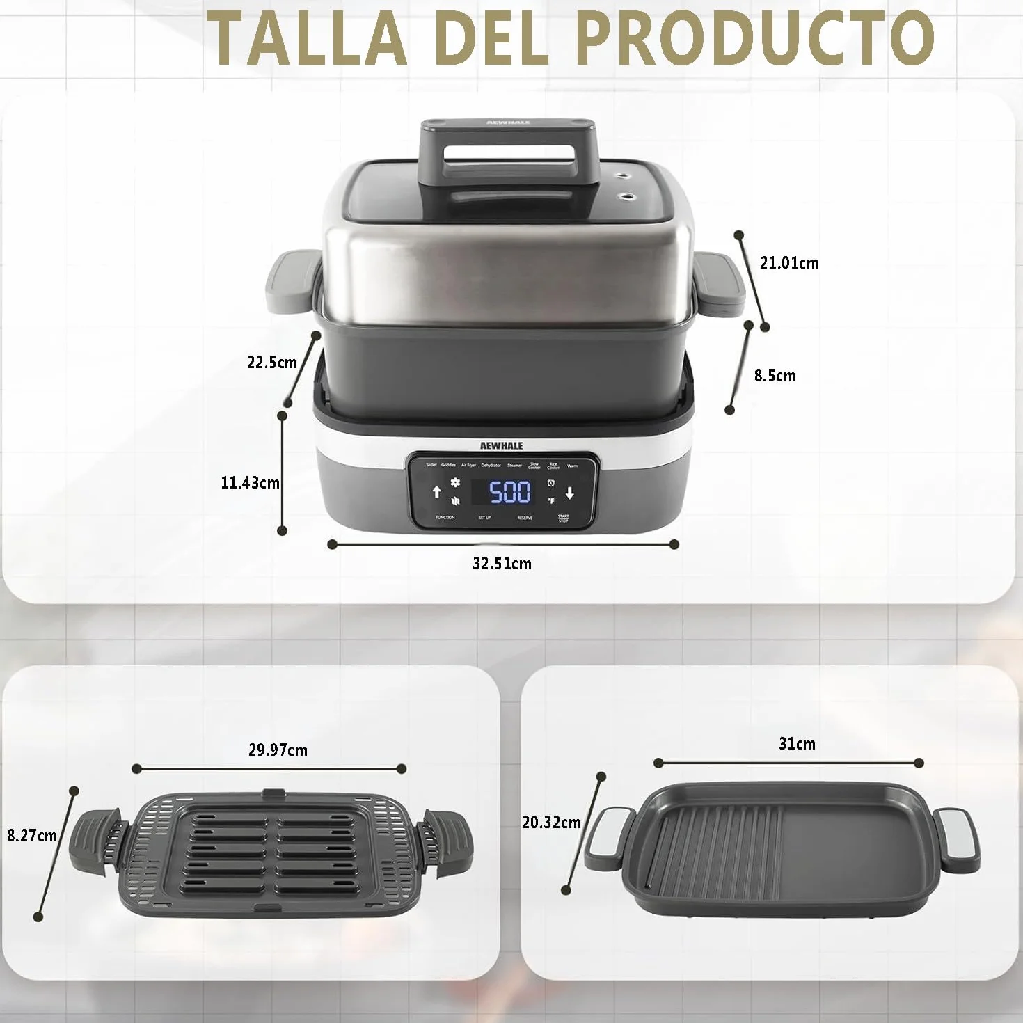 Olla Multifunción 8 en 1 4.25 L AEWHALE Cocción Lenta Vaporera Arrocera Sartén Mantener Calor Gris