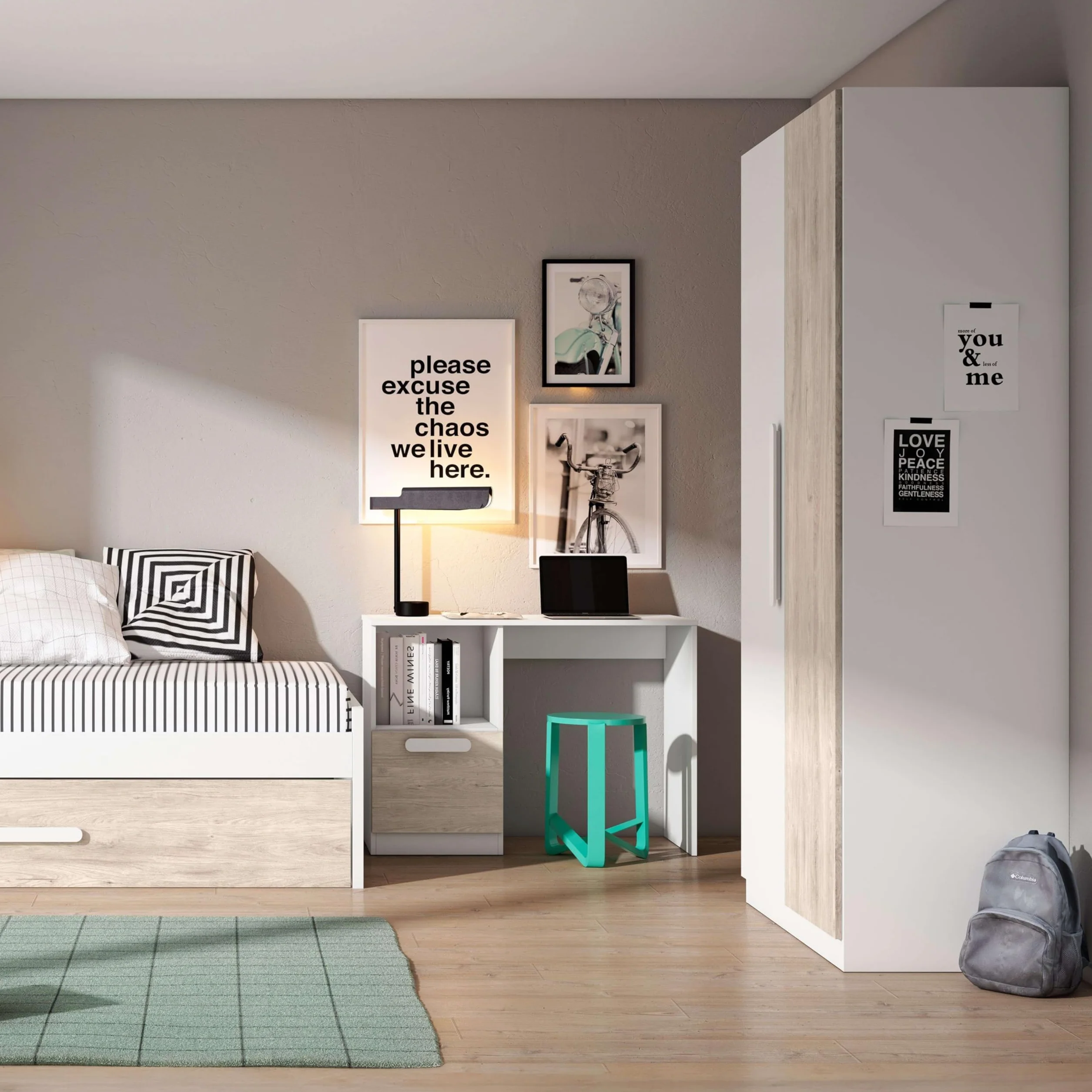 Miroytengo Mueble Armario para Habitación Dormitorio Juvenil Estelle Estilo Nórdico en Color Blanco Mate y Roble Sahara con 2 Puertas 90x200 cm