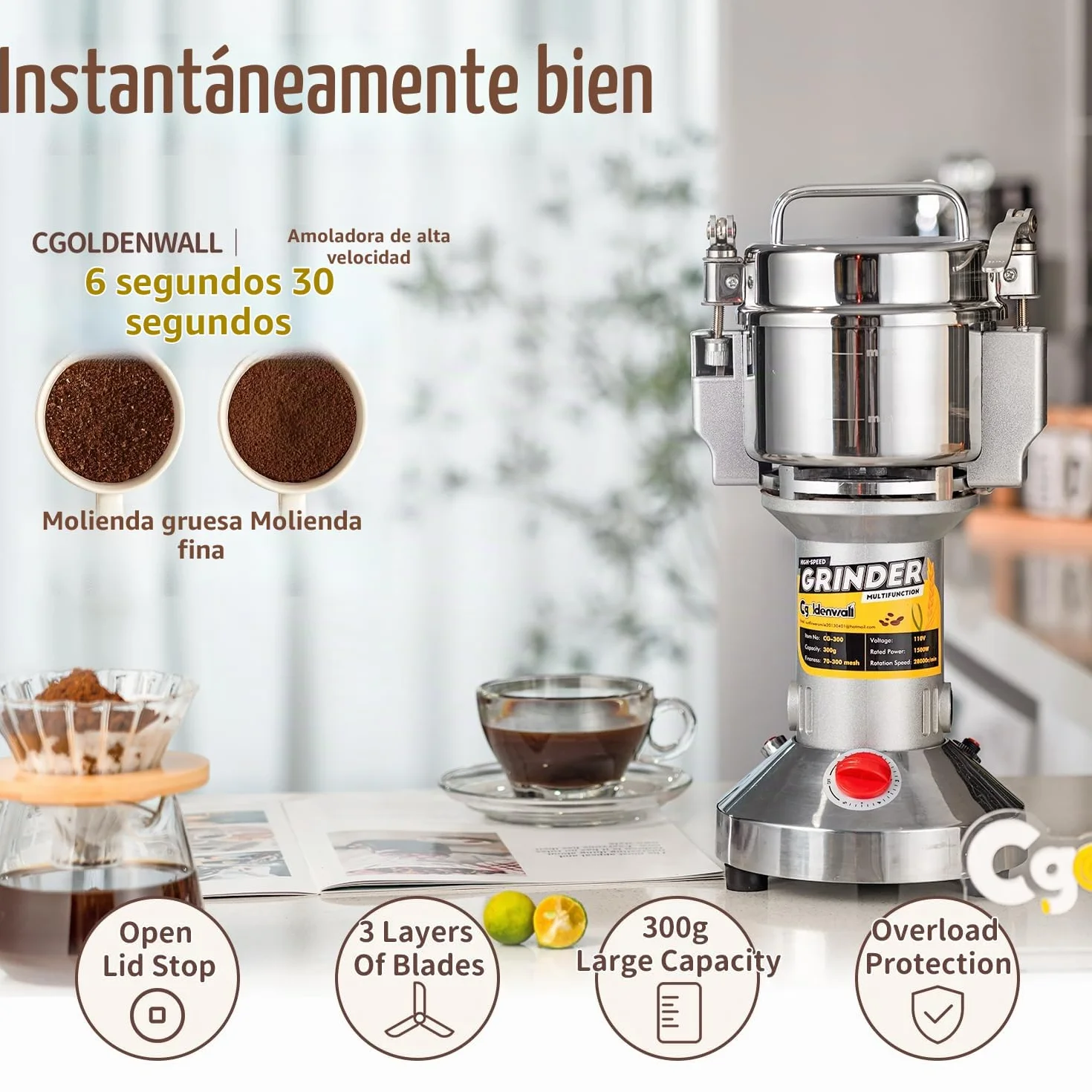CGOLDENWALL Molino Eléctrico de Granos 300g, Open-Cover-Stop, Vertical | Acero Inoxidable, Superfino para Especia/Hierba/Café/Nuez, Protección de Sobrecarga, 28000RPM Alta Velocidad, 1500W