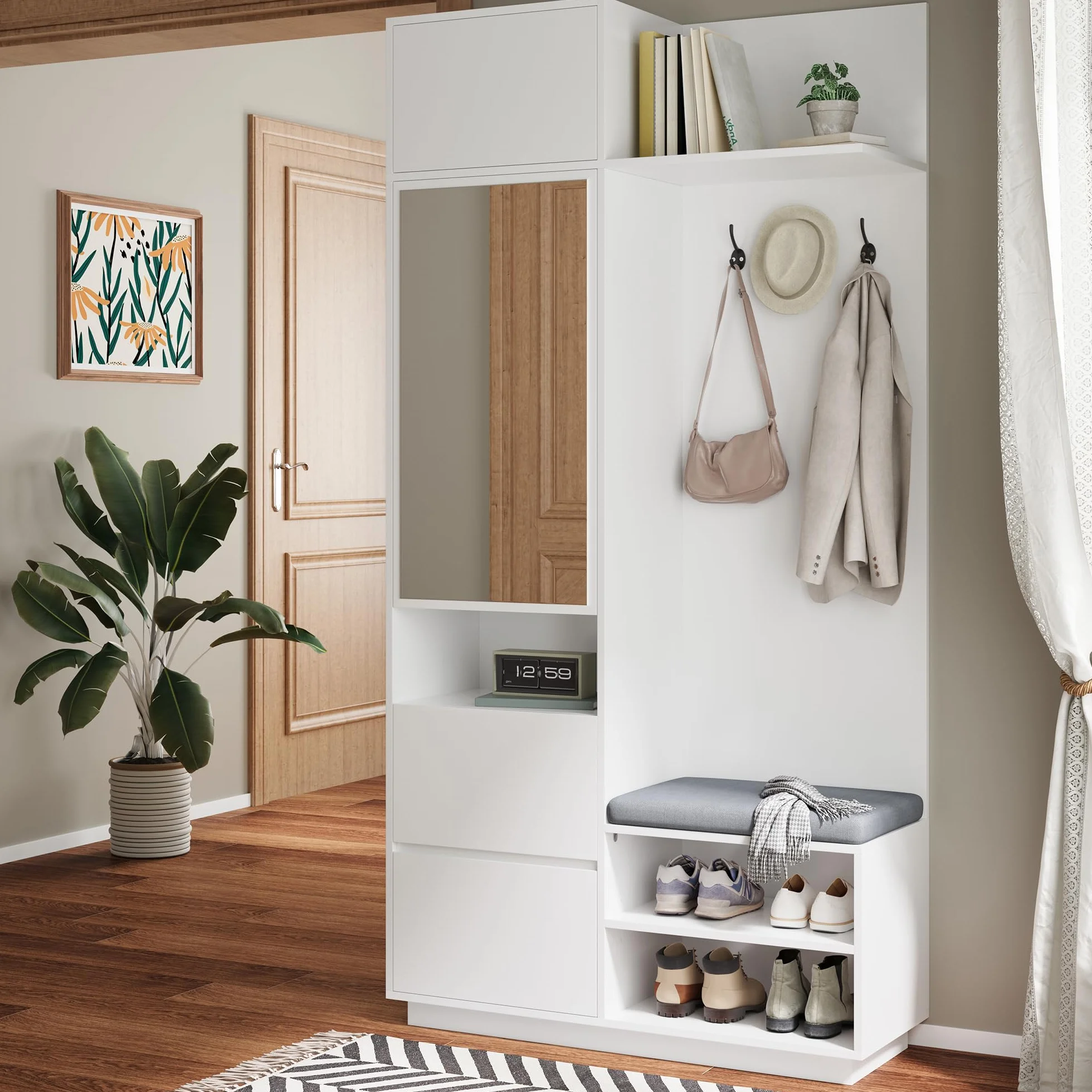 Perchero compacto con espejo, banco y zapatero, perchero de pasillo con gancho y estante, juego de muebles de pasillo que ahorra espacio para pasillo y entrada, 90 x 34,5 x 190 cm (blanco)