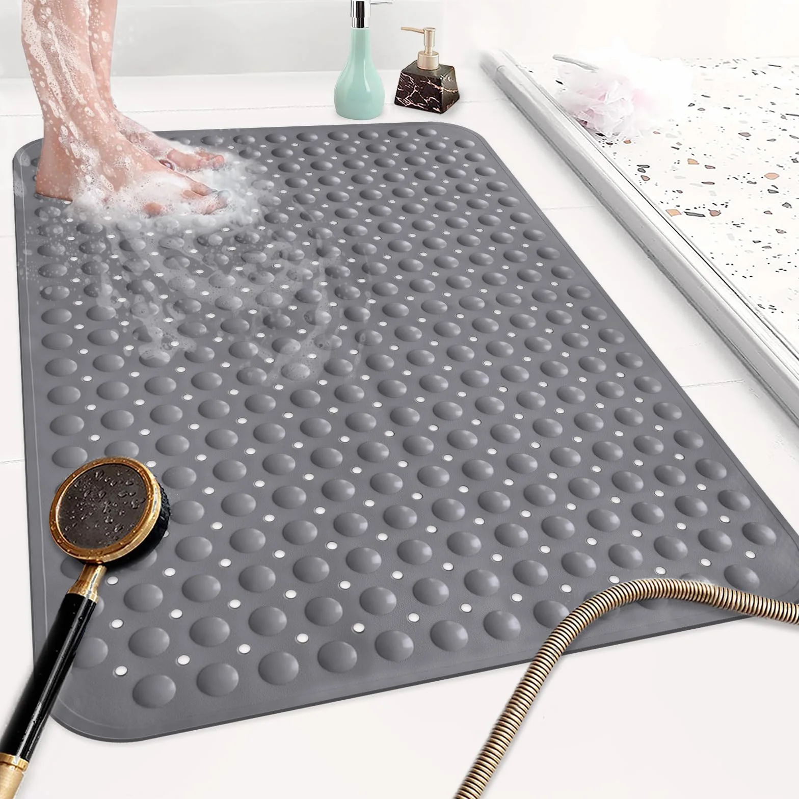 Alfombrilla de ducha antideslizante: 120 x 80 cm, alfombrilla de ducha extra grande para cabina de ducha interior, TPE suave, antideslizante, antimoho, mate con fuertes ventosas para personas