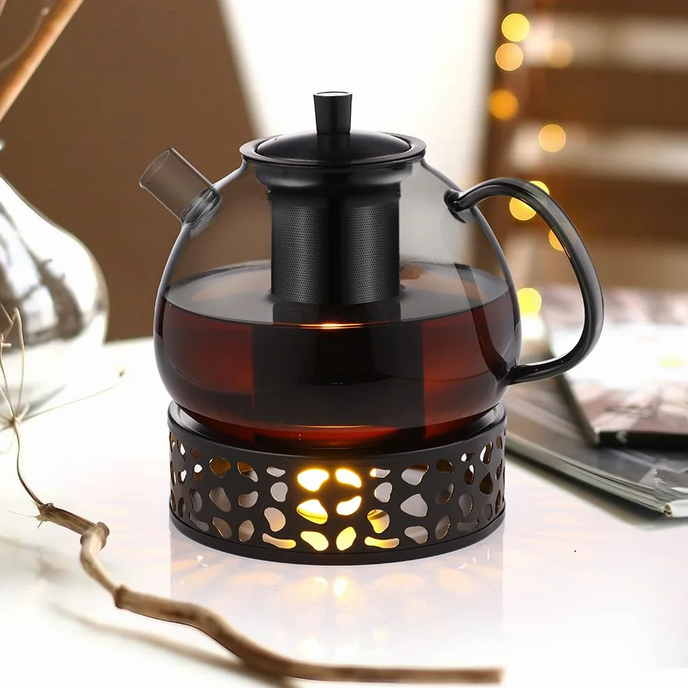 ecooe Tetera negra de 1500 ml de cristal de borosilicato con colador de acero inoxidable 18/8 extraíble resistente al calor para té negro, té verde, té de frutas, té perfumado