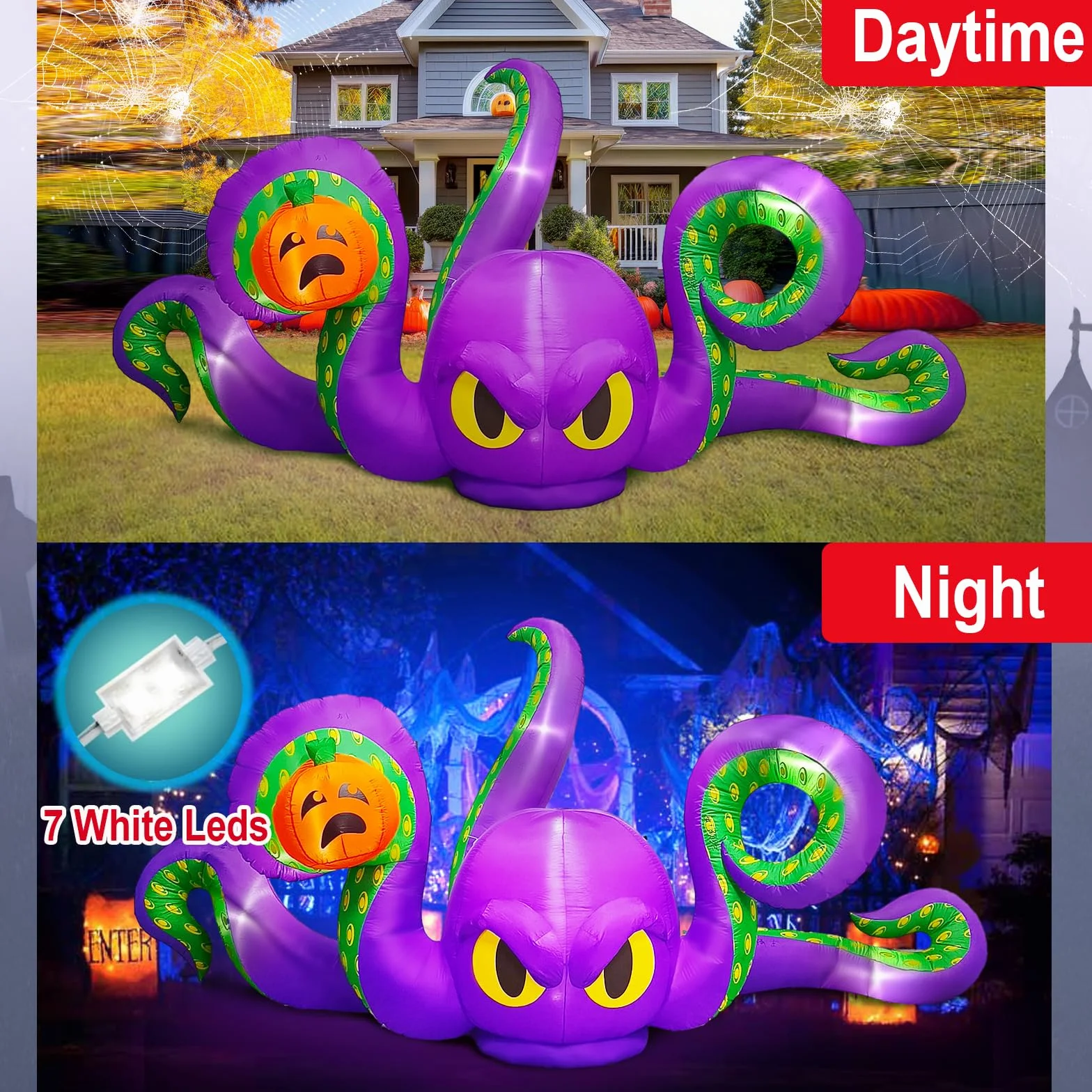 Pulpo Inflable Gigante Violeta de 360 cm, Calabaza pegajosa, con 7 Luces LED integradas, Pulpo Inflable para Fiestas de Halloween al Aire Libre, Patio, jardín, decoración de césped