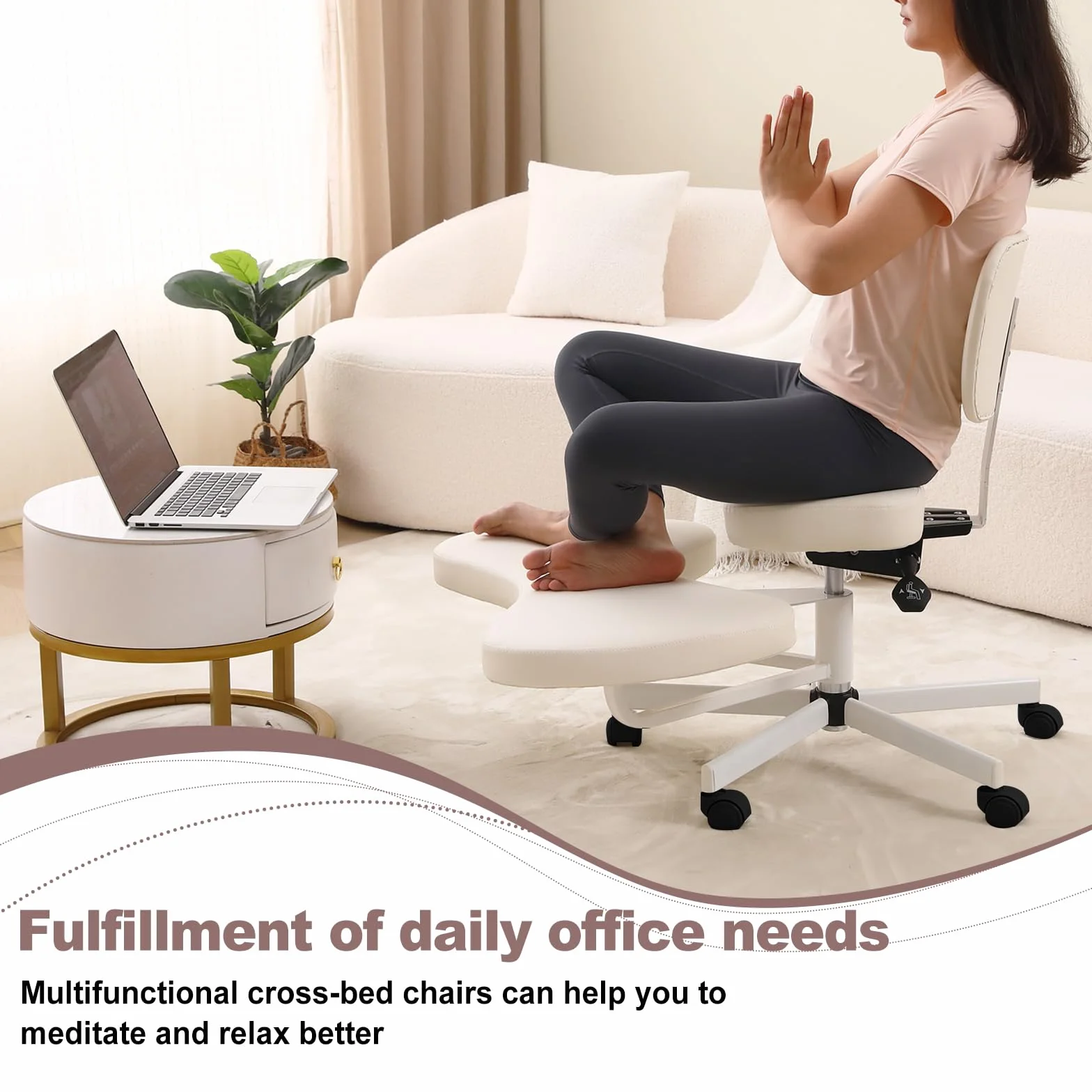 Silla ergonómica de meditación para TDAH, con soporte lumbar y ruedas, altura regulable, silla de oficina con patas cruzadas y reposapiés, color blanco