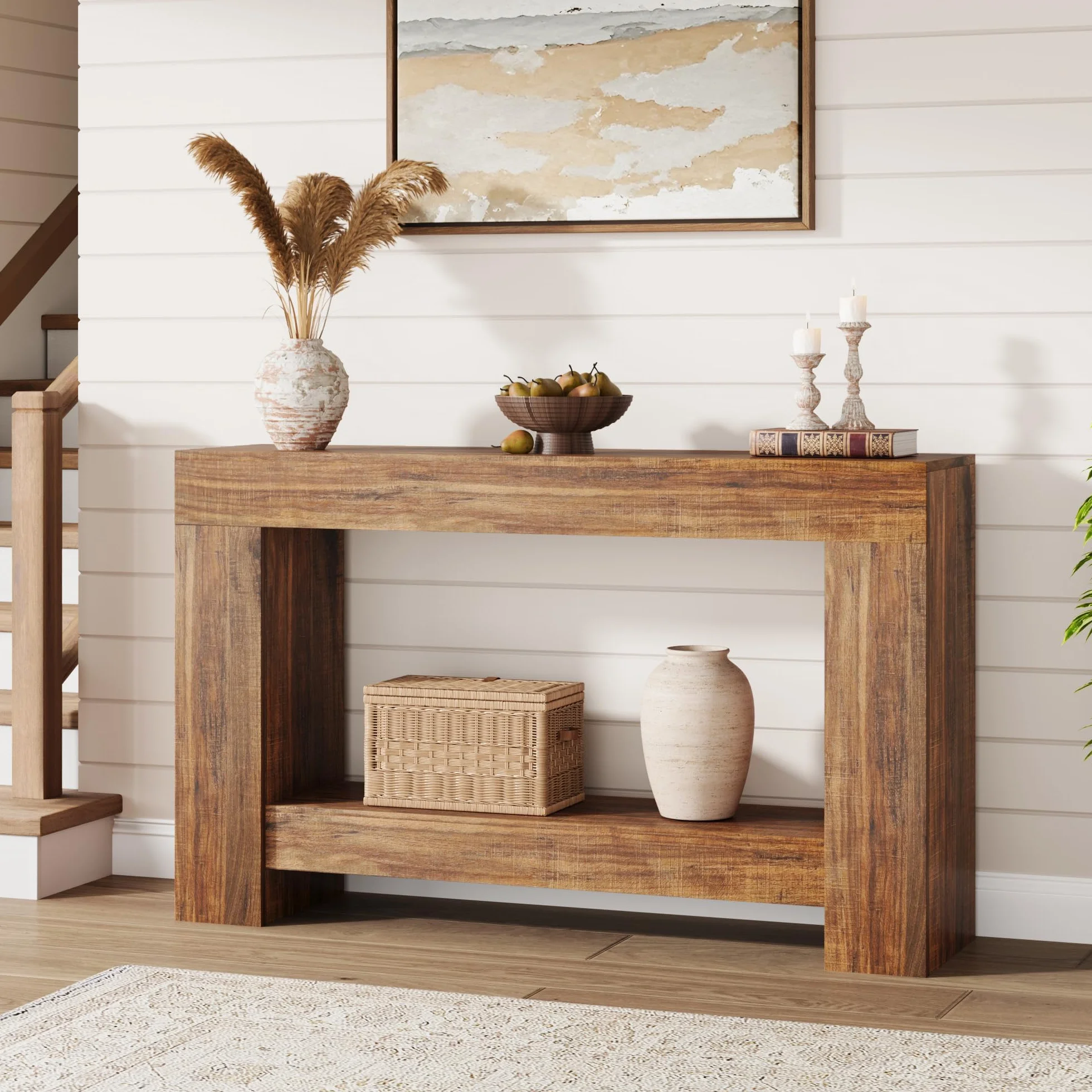 Garvee Mesa Consola Rústica De Madera para Entrada y Comedor - Diseño Compacto y Funcional con Doble Nivel y Estante Abierto Pasillos y Salones - Montaje Sencillo