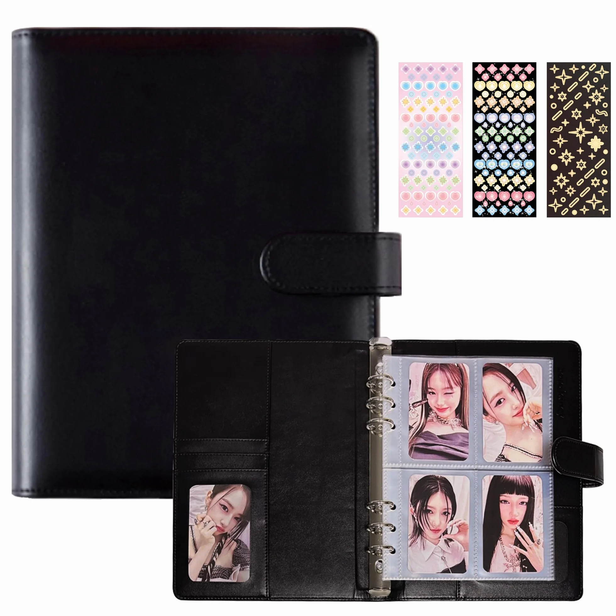 Carpeta A5 Kpop para tarjetas fotográficas con 240 bolsillos, álbum para tarjetas fotográficas con 30 fundas de doble cara para tarjetas fotográficas, 6 anillas de piel sintética, bonito libro
