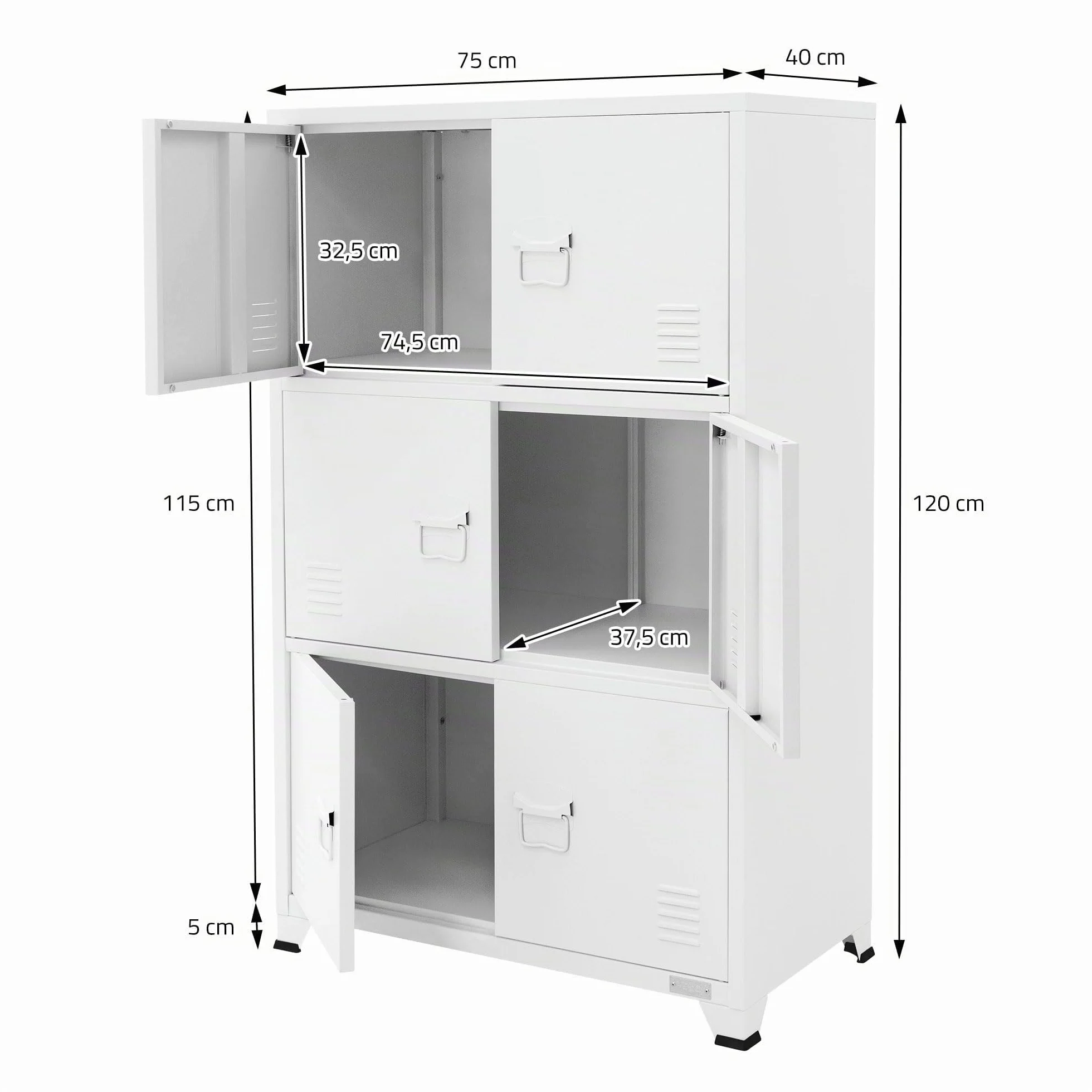 ML-Design Archivador de Oficina 75x40x120,5 cm Acero Blanco Armario Independiente con 4 Patas Mesita Auxiliar Metálica con 6 Puertas y 3 Compartimentos Mueble para Almacenamiento Archivo de Documentos