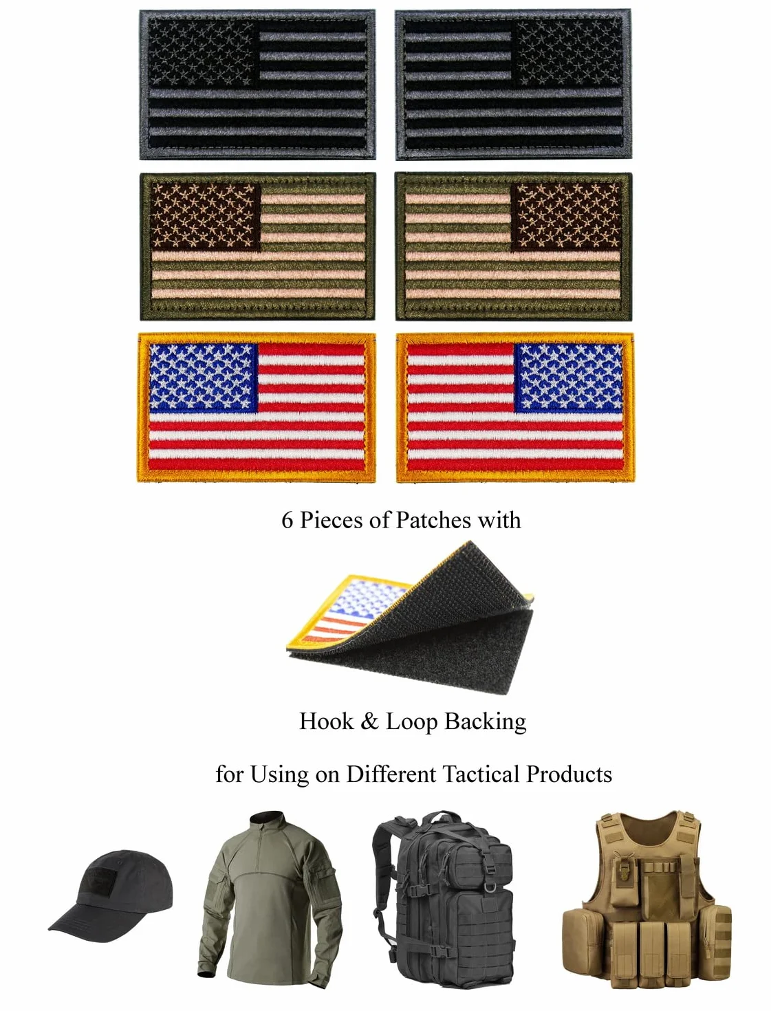 6 parches tácticos de la bandera estadounidense regular y reversa, con gancho y bucle para mochilas, gorras, chaquetas, pantalones, emblemas de uniforme militar del ejército, tamaño 3 x 2 pulgadas