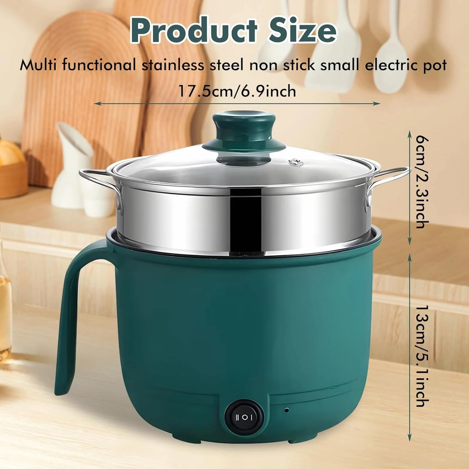 Olla Eléctrica 1.5 Litro, Mini Olla Caliente Portátil, Multicocina Antiadherente 600W 220V Verde