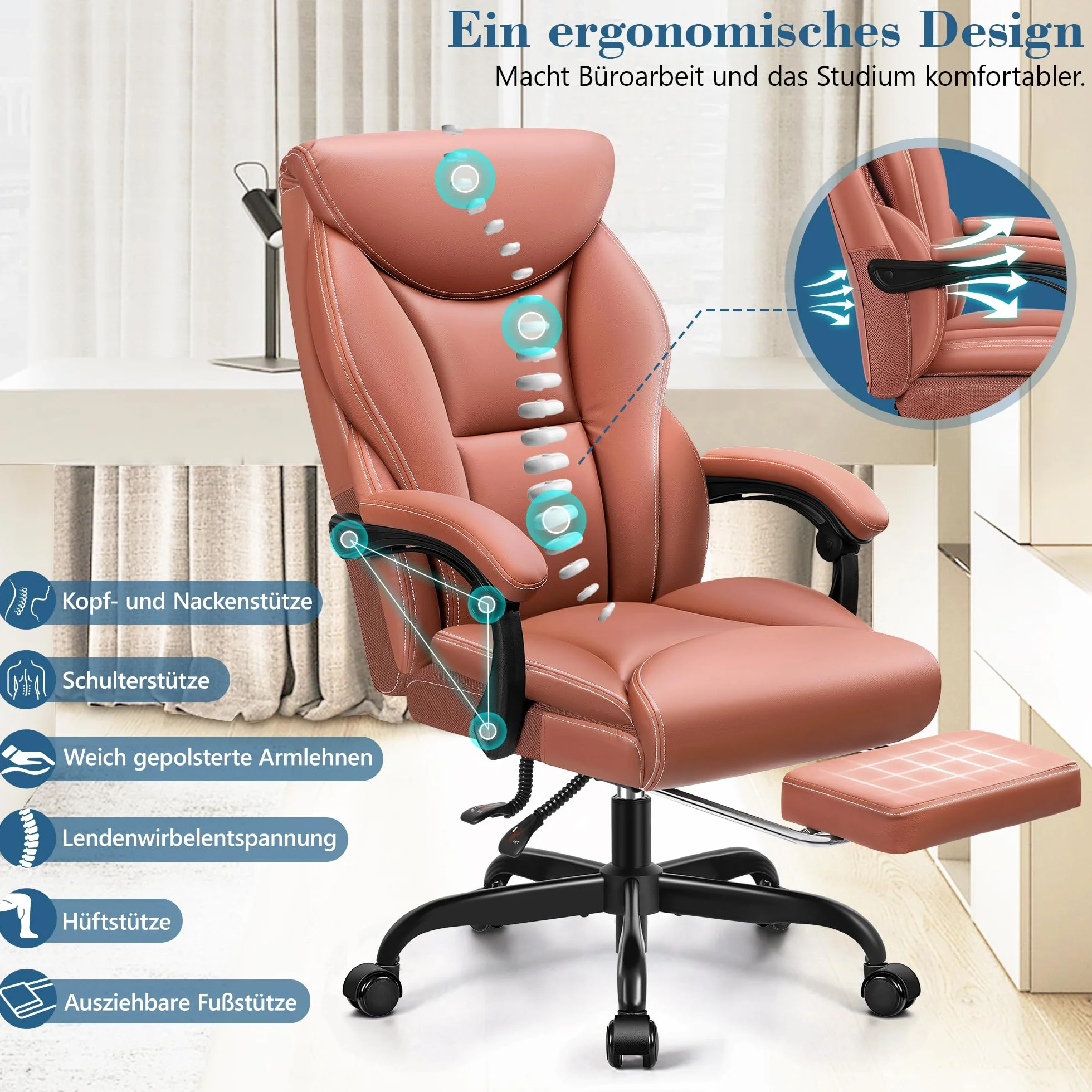 FelixKing Silla Ejecutiva, Cómoda Silla de Oficina Ergonómica, Silla Giratoria de Cuero PU, Silla de Ordenador con Respaldo Alto Ajustable y Reposapiés para Oficina en Casa y Juegos (Marrón Mate)