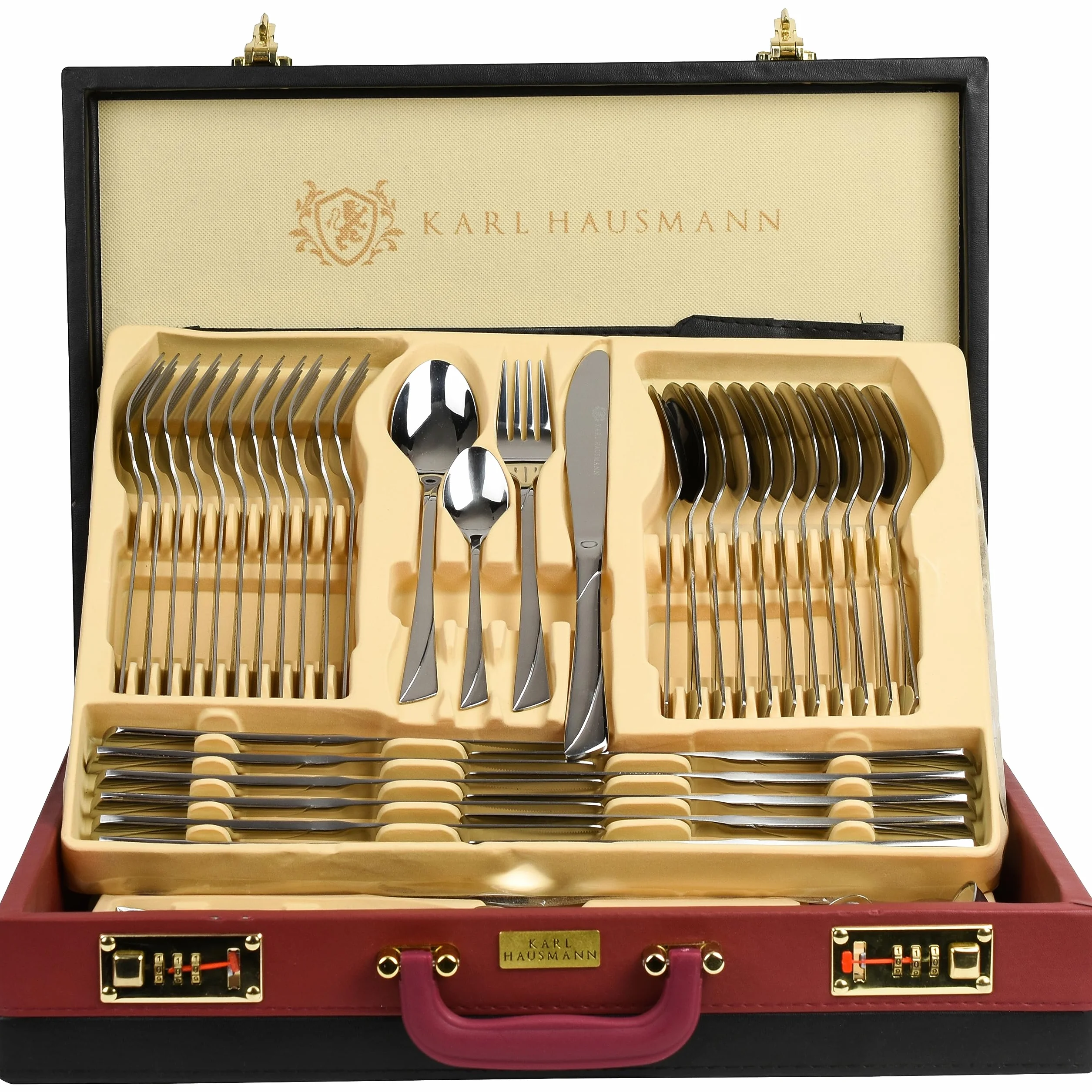 KARL HAUSMANN Cubertería 12 Personas, 72 Piezas Acero Inoxidable 18/0 con Maletín - Juego de Cubiertos con Cuchillos Tenedores Cucharas + Utensilios de Servicio, Pulido Brillante, Apto Lavavajillas