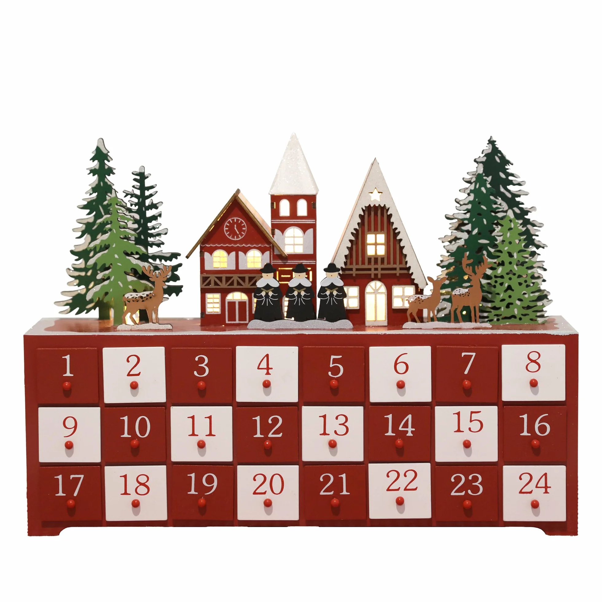 PE Calendario de Adviento de madera de Navidad con luces LED, cuenta regresiva de 24 cajones para Navidad, escena festiva de iglesia con renos y árboles, perfecto para decoración del hogar de