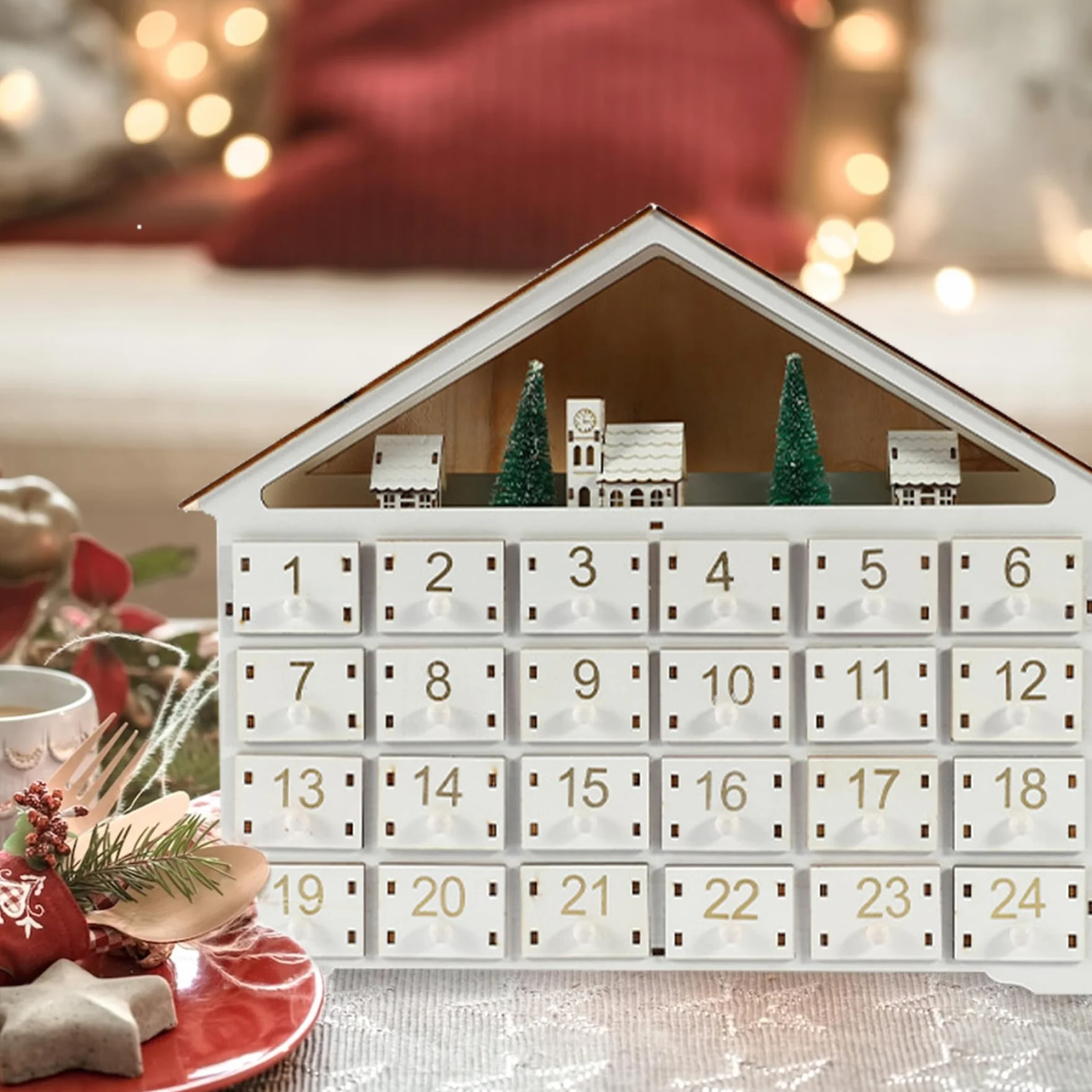 Calendario de Adviento de madera con 24 cajones y luces LED - Calendario de cuenta regresiva de Navidad vacío y reutilizable para llenar usted mismo (sin batería) - Adviento de bricolaje