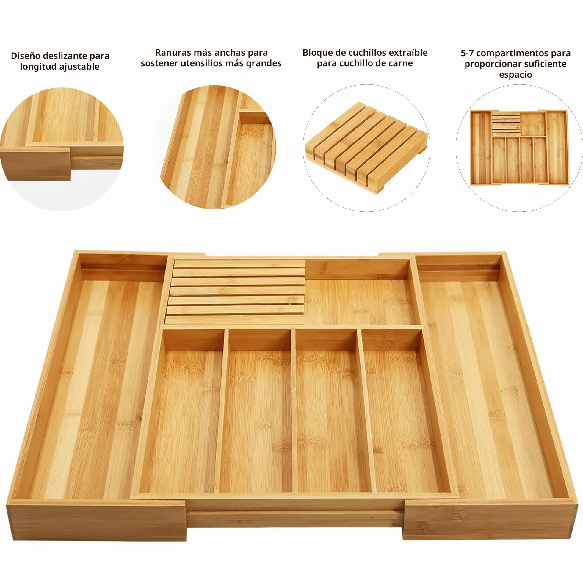 VaeFae Bandeja organizadora de cubiertos de bambú, organizador de cajones de cubiertos grande, 5-7 compartimentos, 32-55 cm, soporte extensible para utensilios de cocina, organizador divisor con