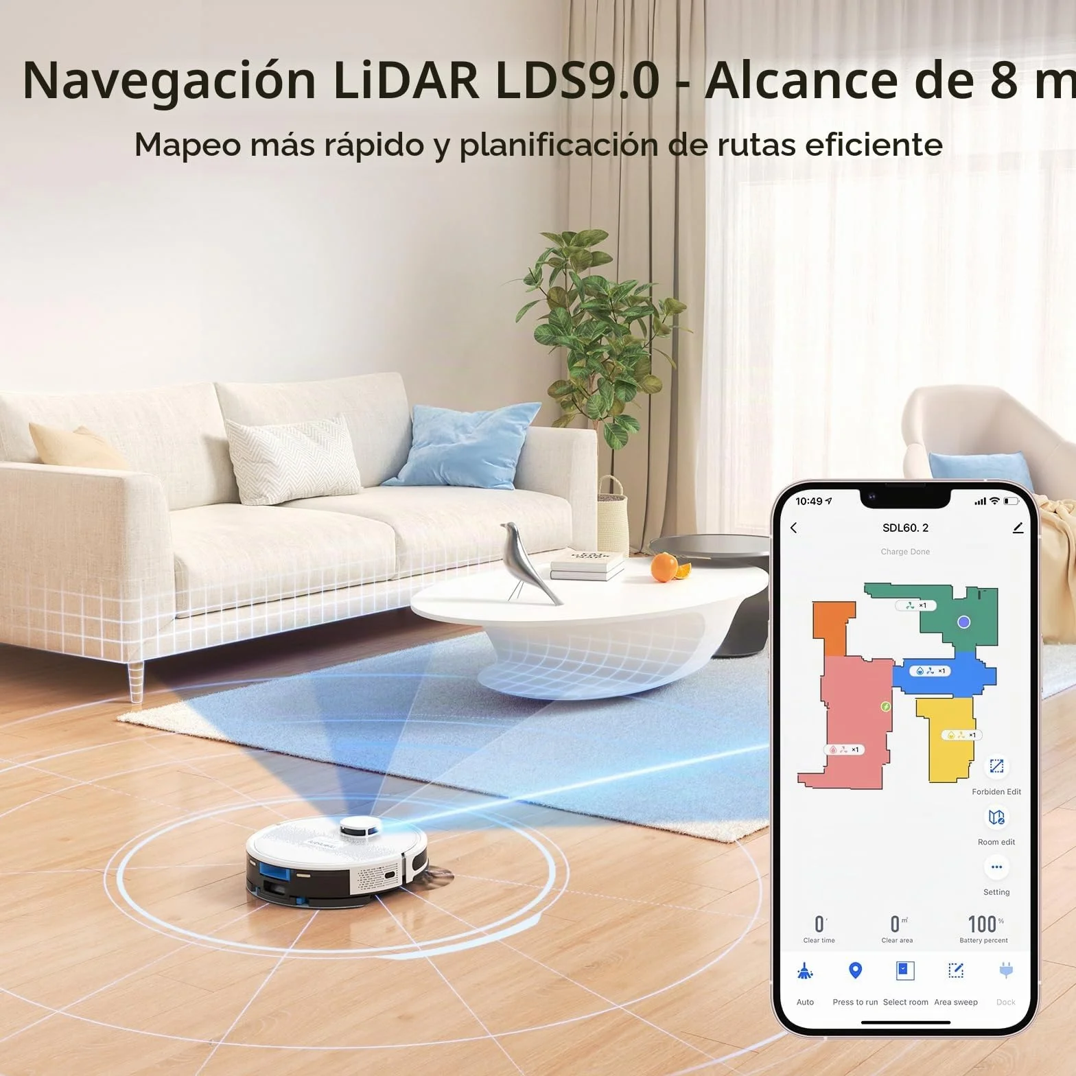 Lubluelu Robot Aspirador y Fregasuelos con Navegación por Mapa con Láser, Succión de 4000 Pa, 55 dB Silencioso, WiFi/App, 10 No-Go-Zone, Mapa de 5 Plantas, Ideal para Pelo de Mascota, Alfombra, Blanco