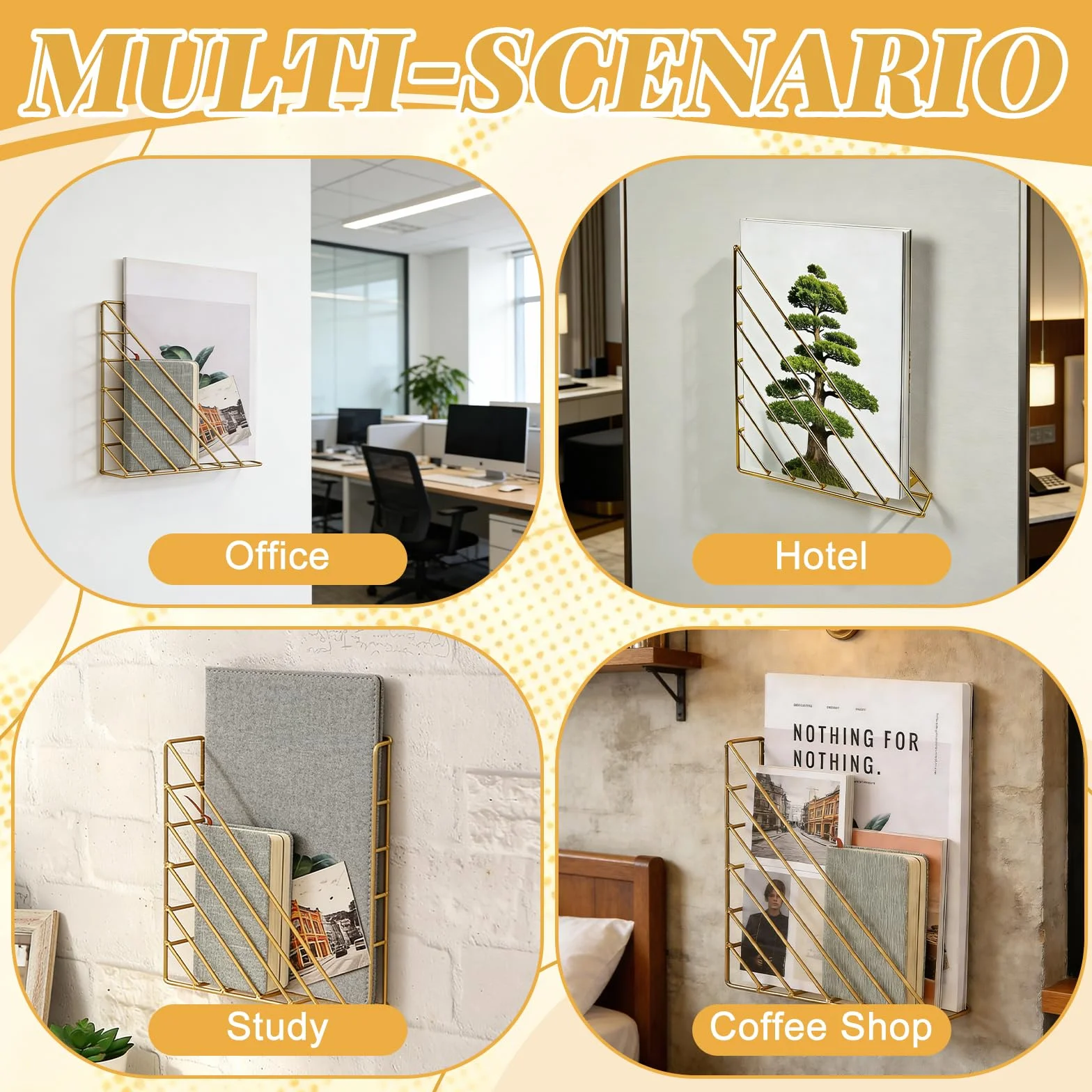 Organizador de Pared Triangular de Metal para Revistas con Tornillos, Dorado