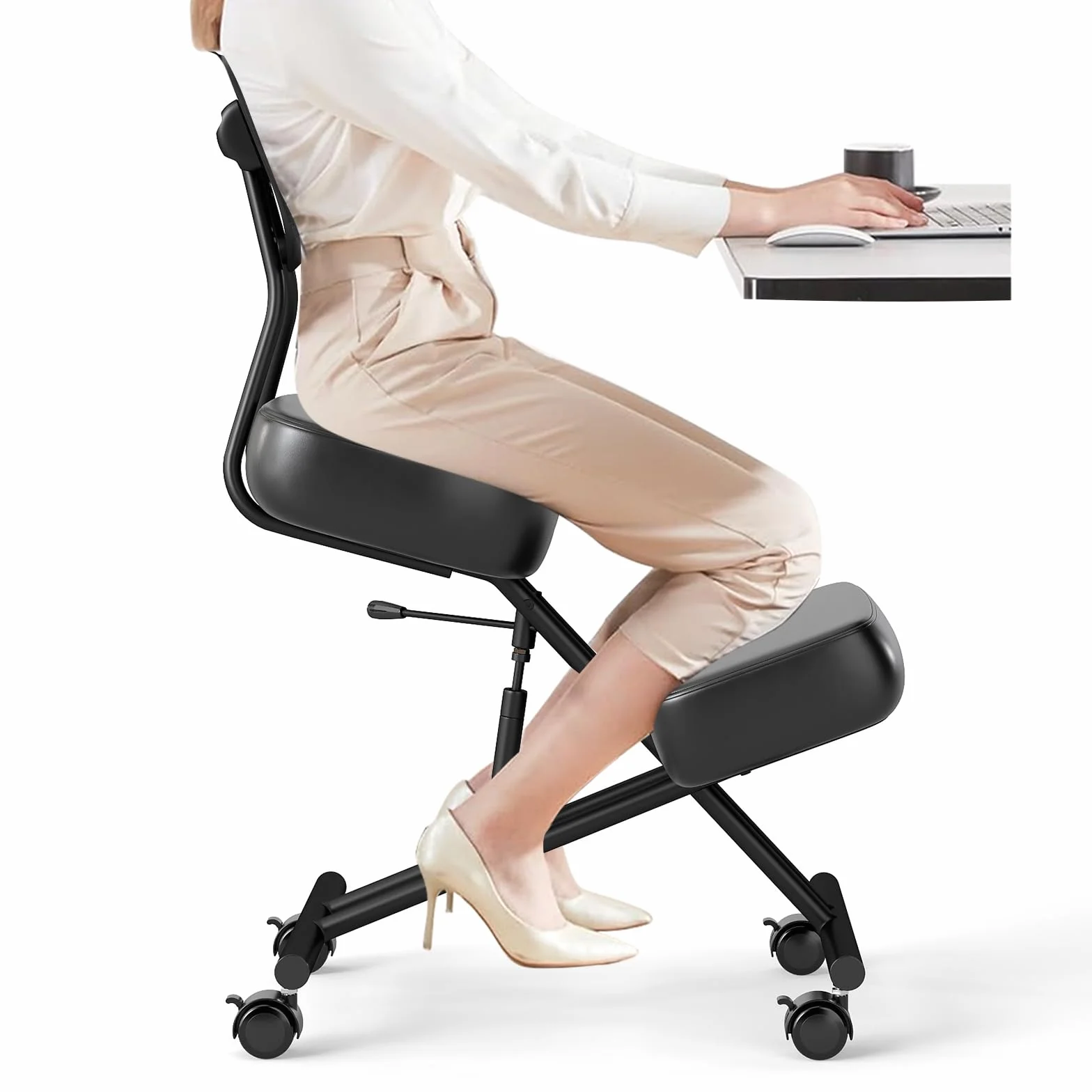 GIANTEX Silla Ergonómica de Rodillas con Respaldo, 4 Ruedas Bloqueables y Apoyo para Rodillas, Silla de Trabajo con Asiento Ajustable para Corregir la Postura, Carga hasta 110 kg
