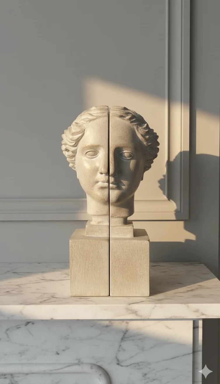 Set 2 Sujetalibros Decorativo Busto Griego Romano Cabeza Mujer Resina Blanco Roto Elegante 21 cm