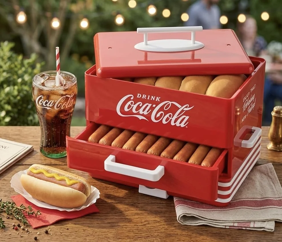 Salco Coca-Cola Hot Dog Maker - Vaporera y calentador de panecillos estilo comedor, 24 salchichas y capacidad para 12 panecillos, salchichas, verduras, pescado, albóndigas