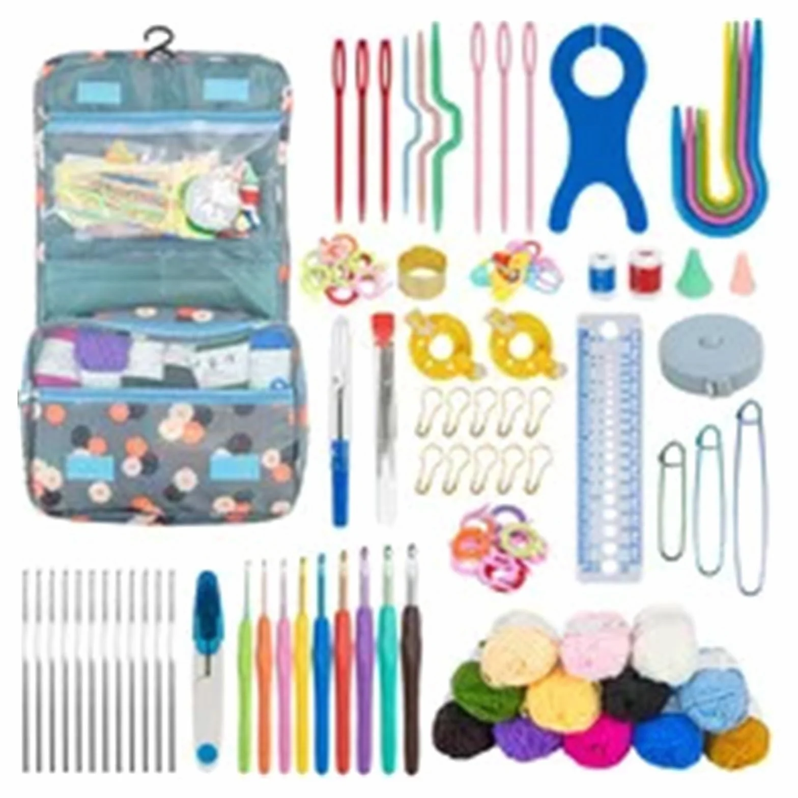 OPIGJUFD Kits de Ganchillo Juego de bolsa crochet portátil, herramienta for tejer lana, regla costura, agujas, hilo, kit completo material para Proyectos de Manualidades(107 pcs set)