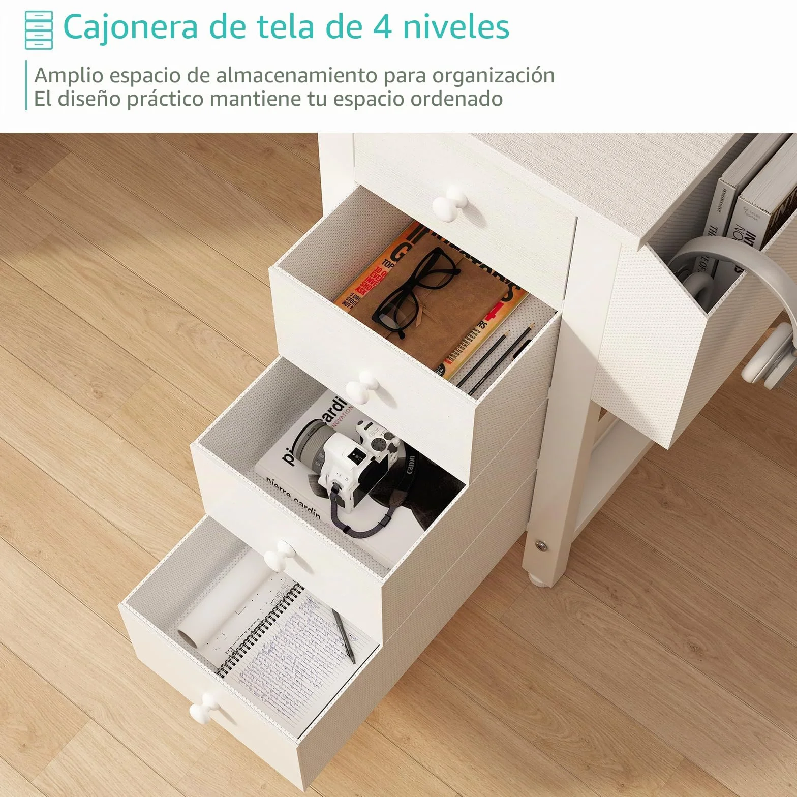 Lufeiya Mesa Escritorio Blanco con Cajones y Enchufes,Escritorio Esquinero con 4 Cajones 120CM Escritorio en l L para Oficina Juveniles Estudio（Enchufes Europea