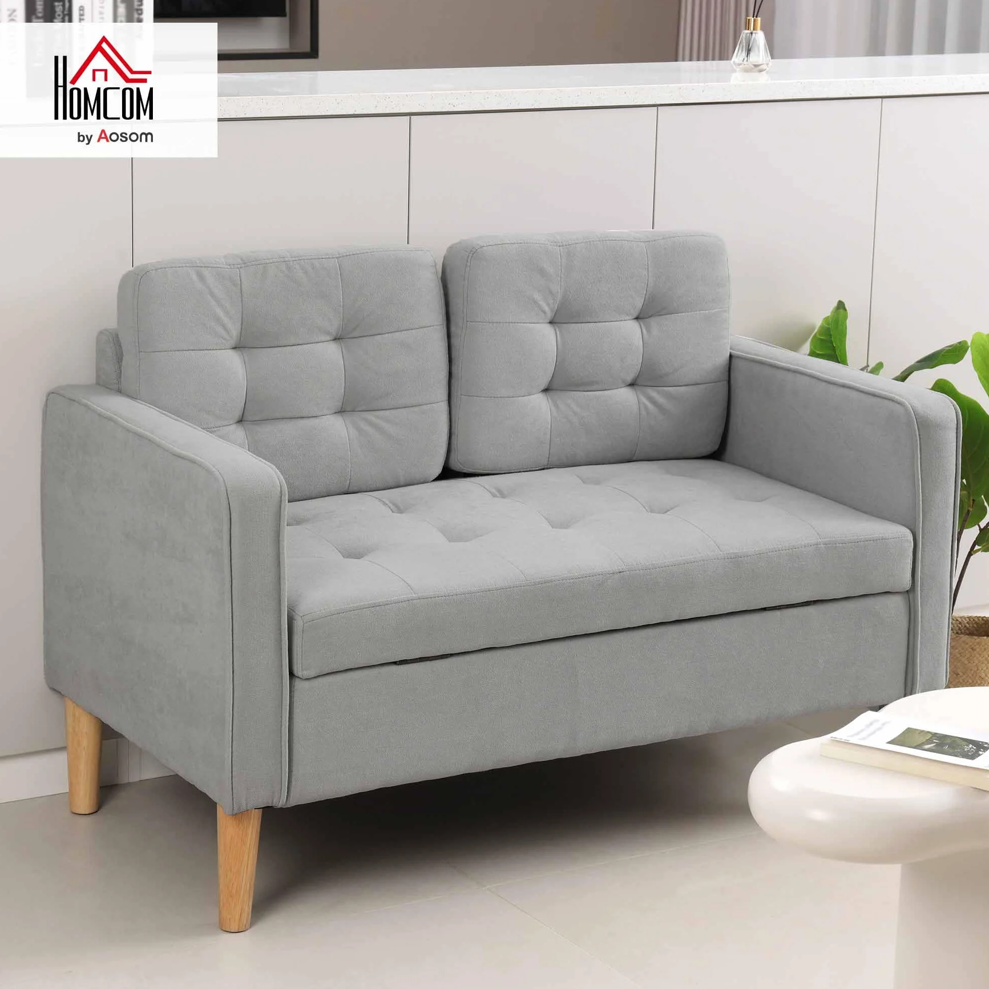 HOMCOM Sofá de 2 Plazas con Espacio de Almacenamiento, Sofá Moderno de Terciopelo con Patas de Madera, Respaldo Capitoné, para Salón, Dormitorio, Oficina, 117x62x78 cm, Gris Claro