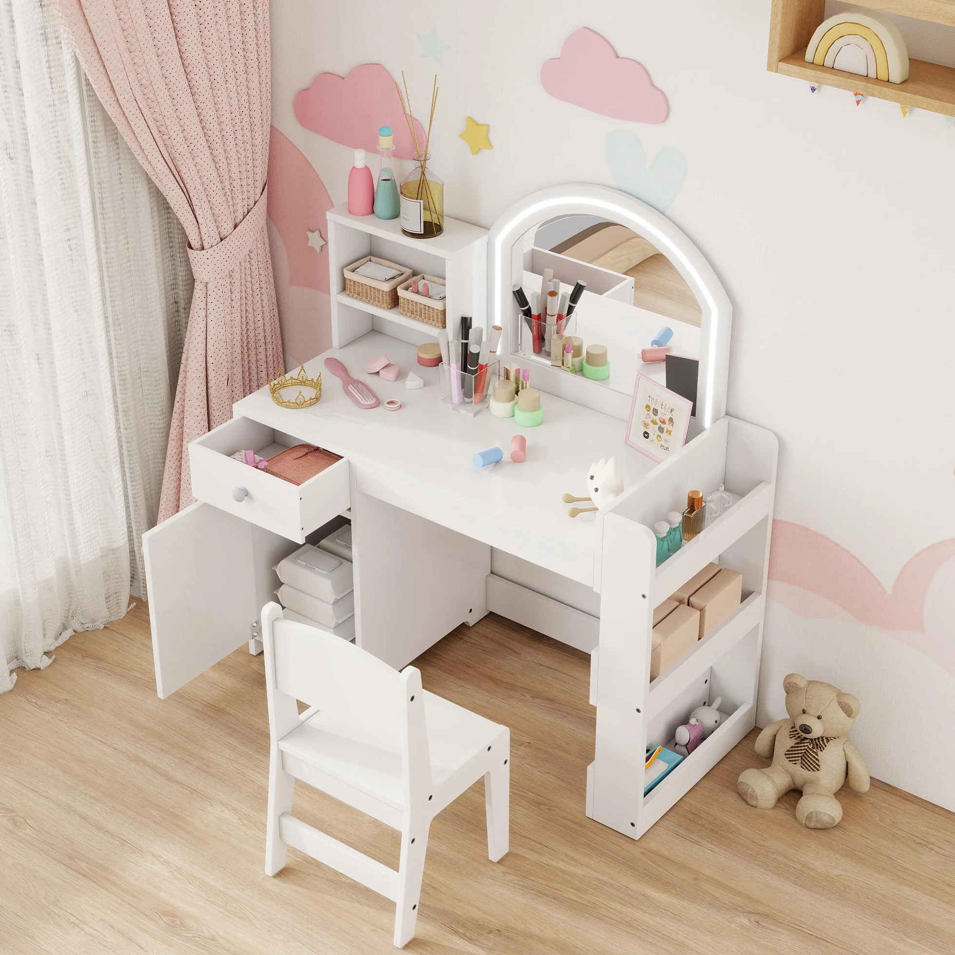 AIYAPLAY Tocador de Maquillaje Niña Infantil con Taburete, Espejo LED, Cajón y Estantes, Blanco