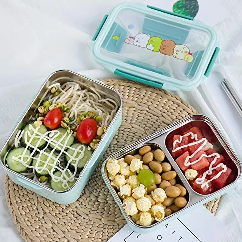 Fiambreras Bento, lonchera portátil de acero inoxidable doble capa, ideal for picnics y la escuela(Blue)