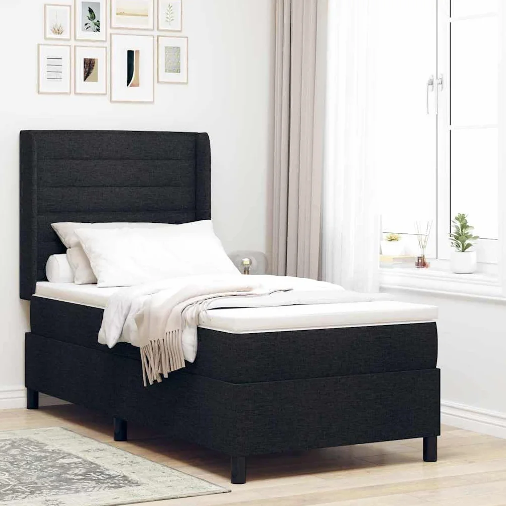 Cama con somier LED con colchón negro, 90 x 190 cm, tela, somier, cabecero de 2 alturas, tiras LED RGB, madera y madera maciza, dormitorio moderno, cama individual confort
