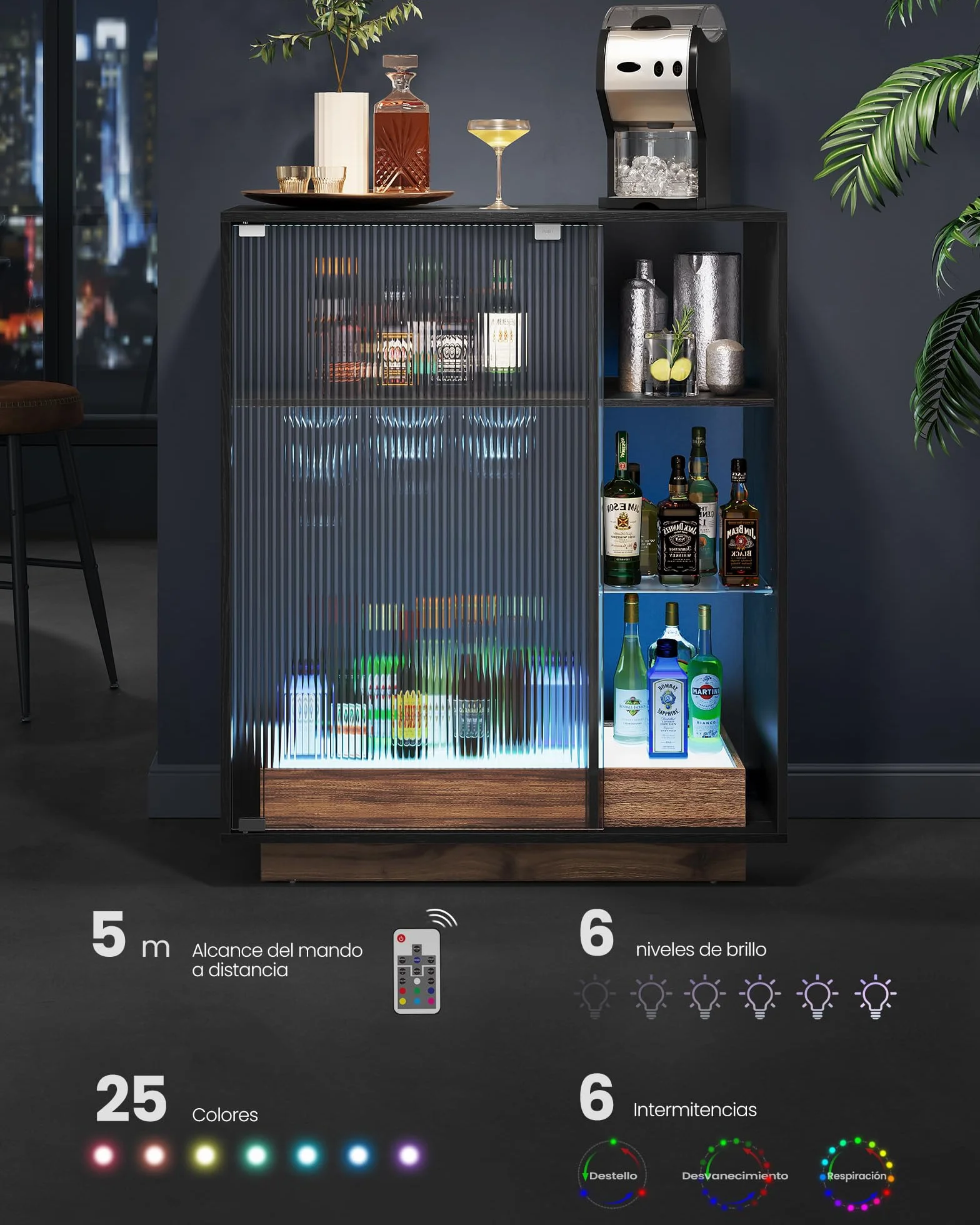 VASAGLE Aparador, Armario Bar Vino con Luces LED, con Almacenaje para Vino, Bar Café Licor, con Portavasos, Puerta de Vidrio Acanalado, para Sala de Estar, Negro Ébano BBK361B21