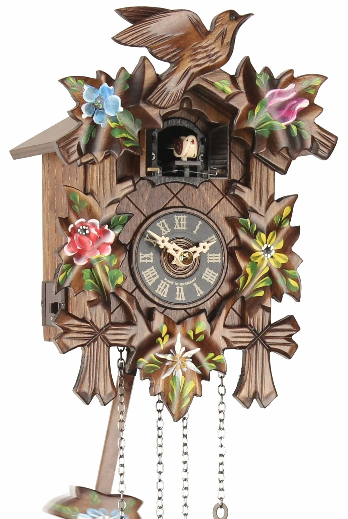 23137 - Reloj de cuco (madera, funciona con pilas, 5 hojas, pintado, 25 cm)