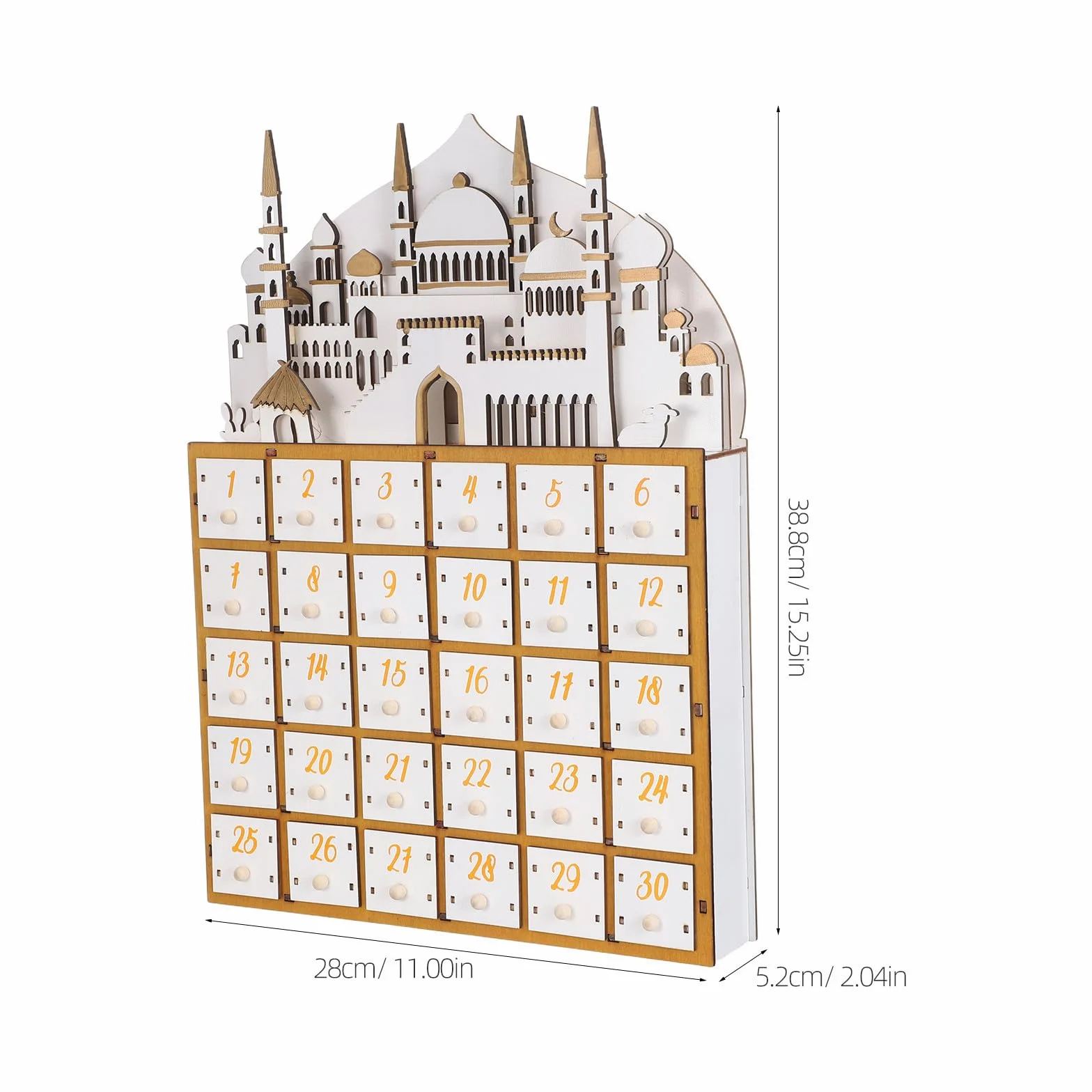 Operitacx Calendario de Adviento de Ramadán con Luz LED de Madera y 30 Cajones para Cuenta Regresiva y Organizador de Escritorio Decoración para Fiesta Eid