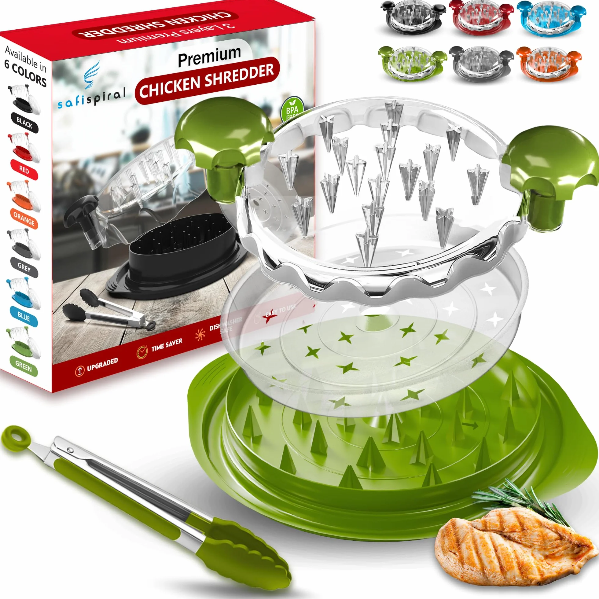 Trituradora de pollo grande – Trituradora de carne antideslizante de 10.2 pulgadas con bandeja extraíble para facilitar la trituración, sin BPA, apta para lavavajillas, resistente al calor, con mango