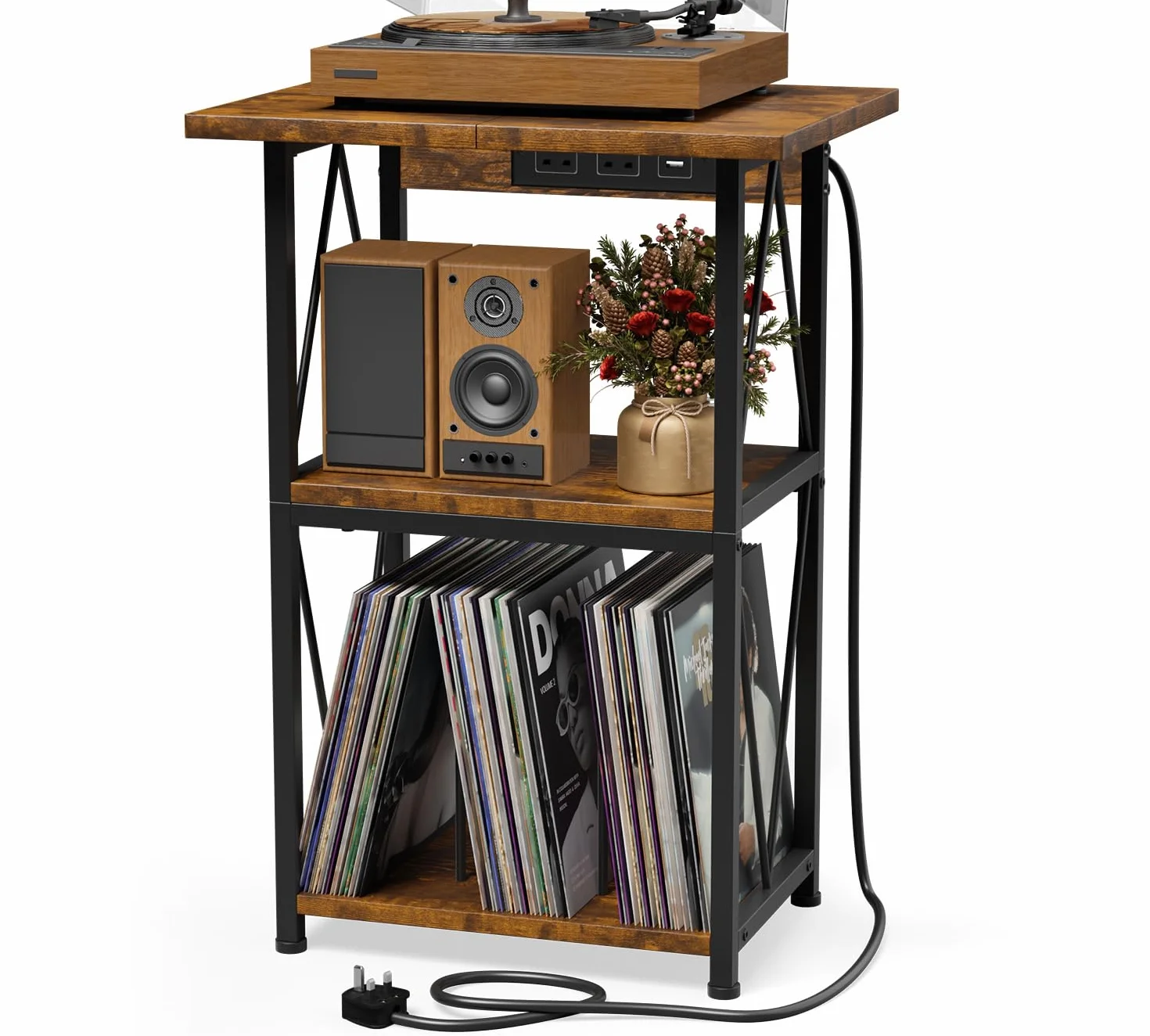 HFHOME Soporte ampliado para tocadiscos con estación de carga, mesa auxiliar de 3 niveles con almacenamiento de discos de vinilo, mesa de tocadiscos con almacenamiento, soporte giratorio para