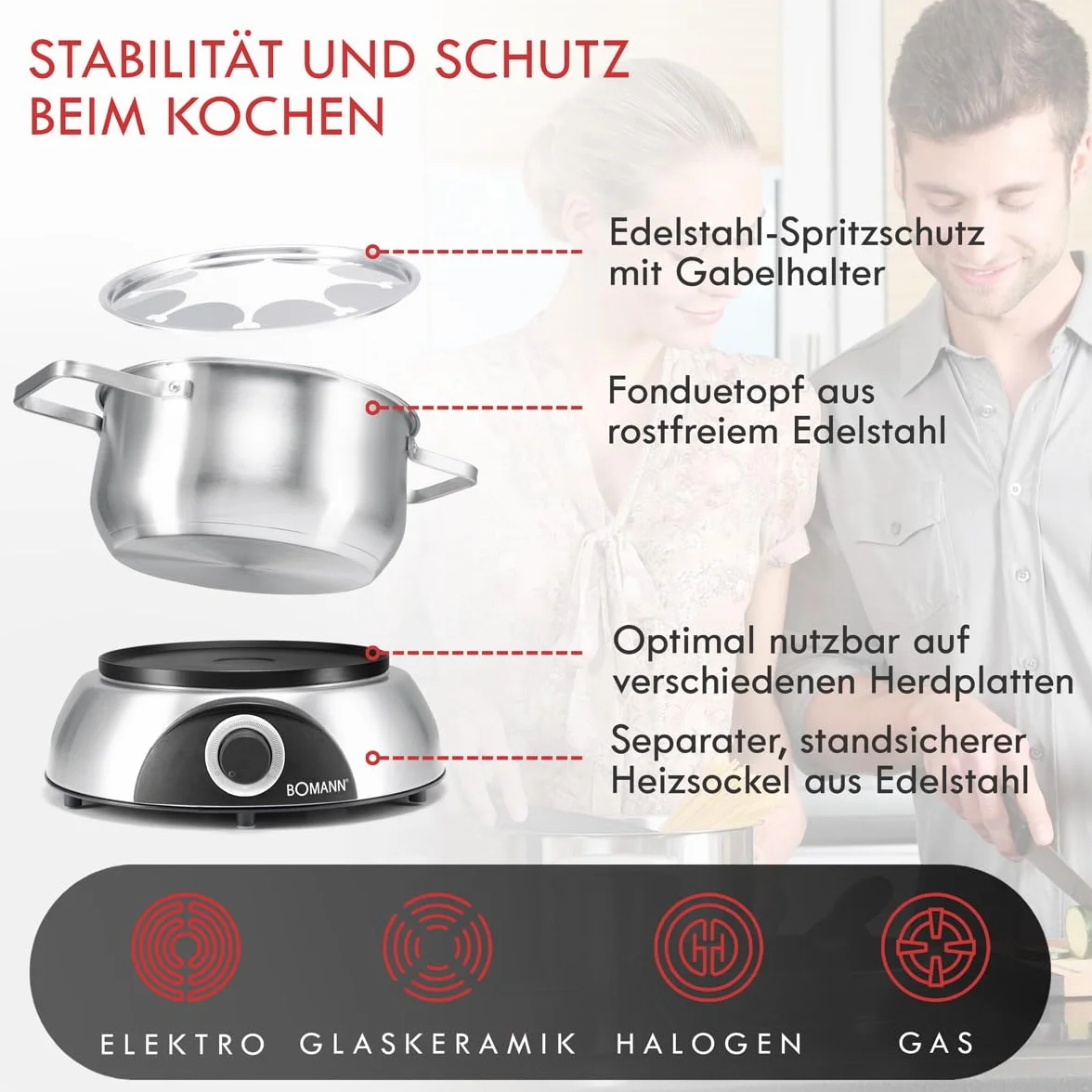 Bomann FD 2248 CB - Fondue eléctrica, 6 comensales, Recipiente 1,2 l, 1400 W