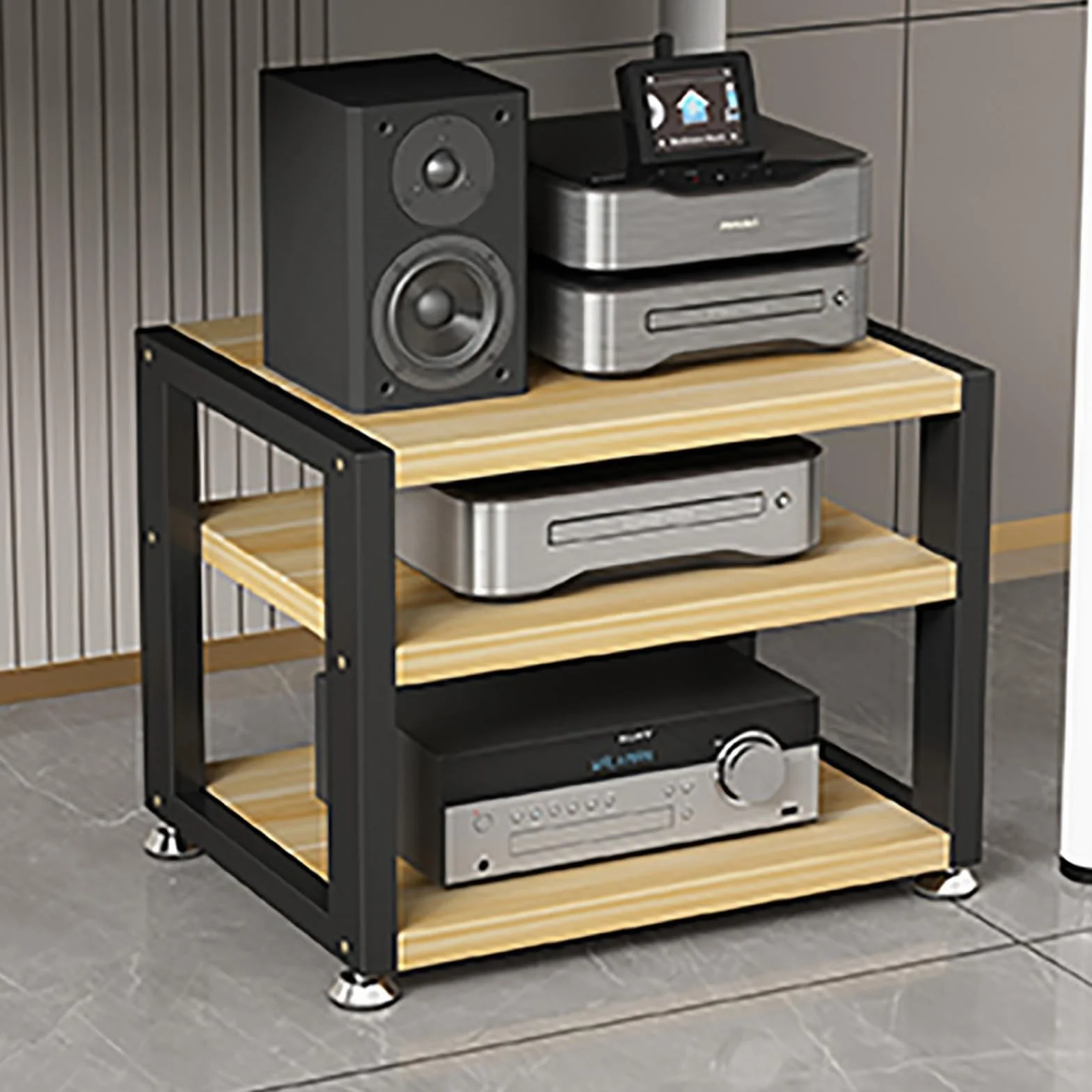 Moderno estante de almacenamiento de audio y video de 3 niveles, elegante torre para el hogar y la oficina, componentes de alta fidelidad, gabinete DJ/soporte de teatro (color: C, tamaño: 40 x 35 x