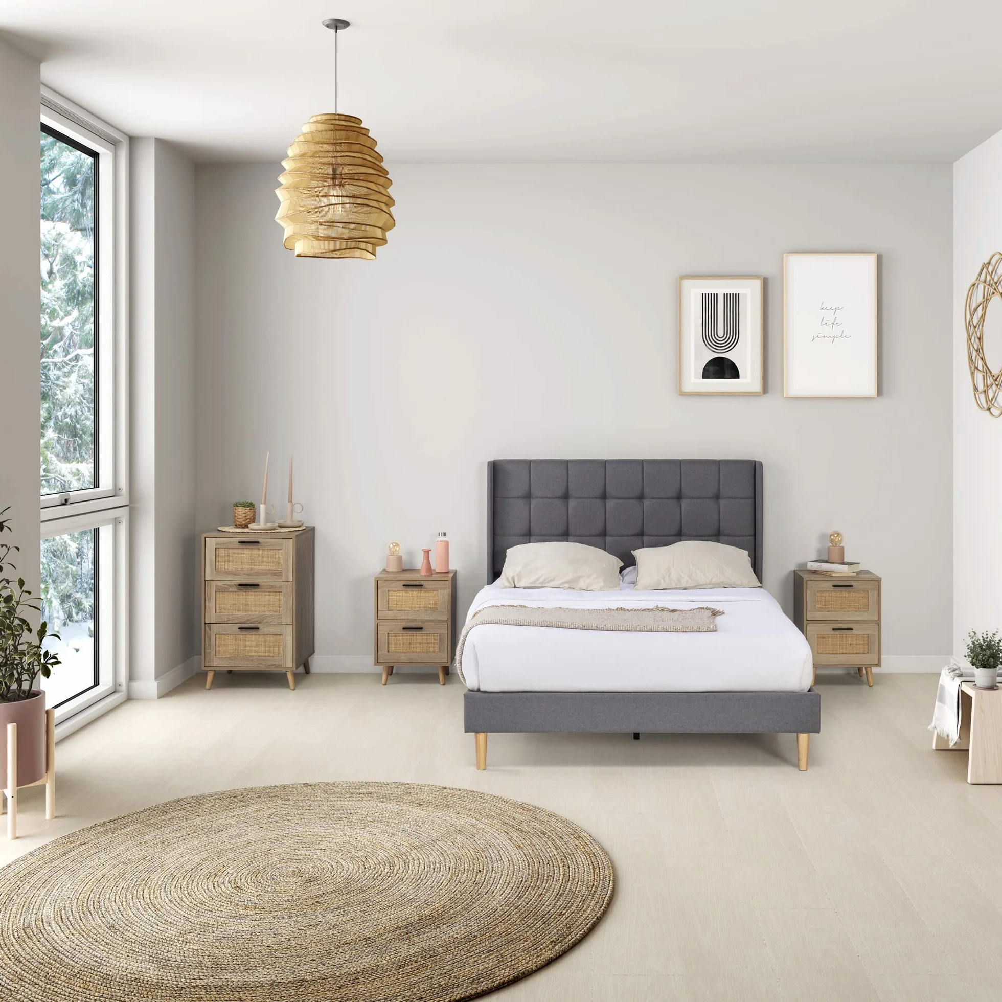 HOMN LIVING Estructura de Cama tapizada Esther de 30 cm, Base para colchón, Somier de láminas de Madera, Montaje Sencillo, 150x190 cm, Gris Oscuro