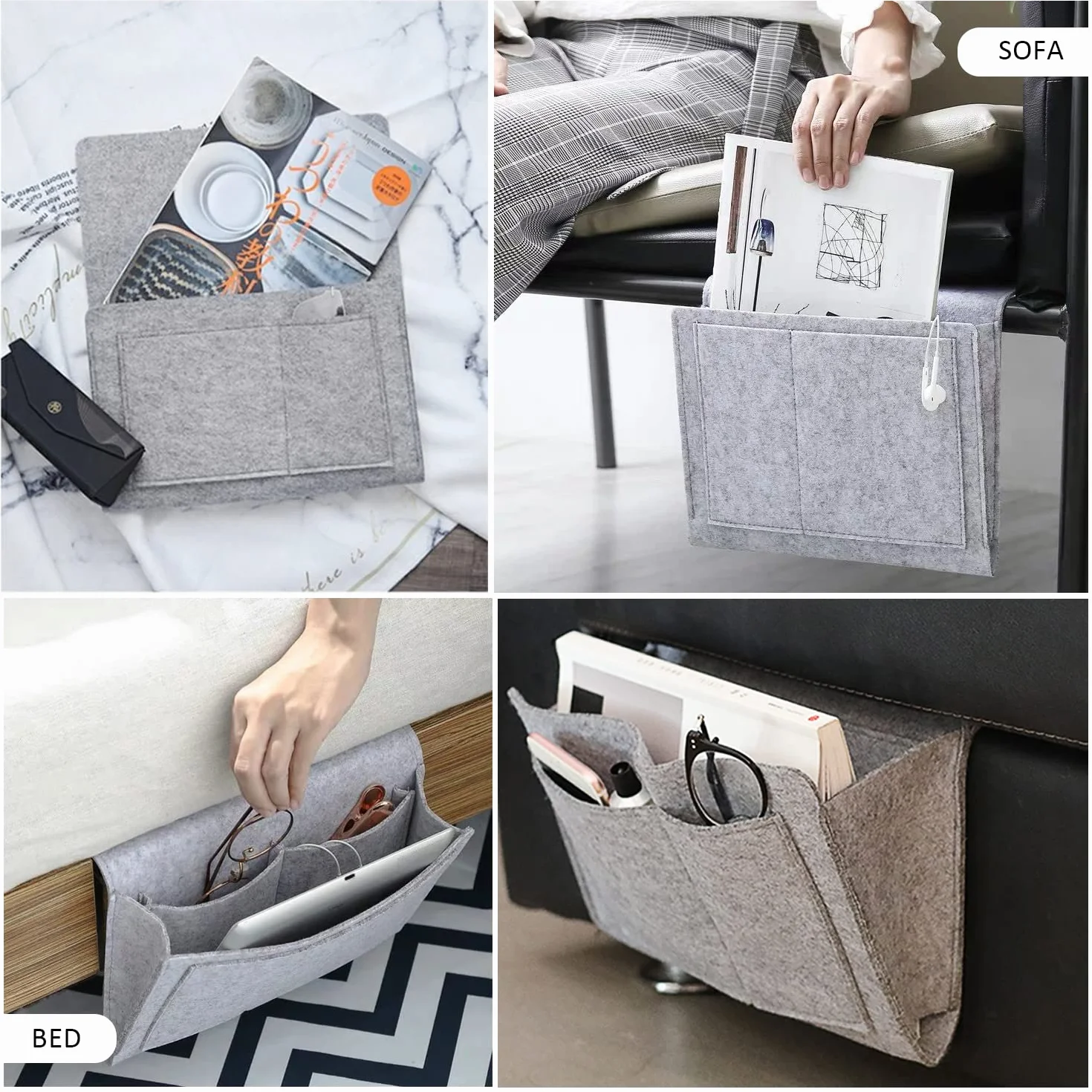 Bolsa de almacenamiento de fieltro para cabecera, organizador de noche, varios bolsillos, gris