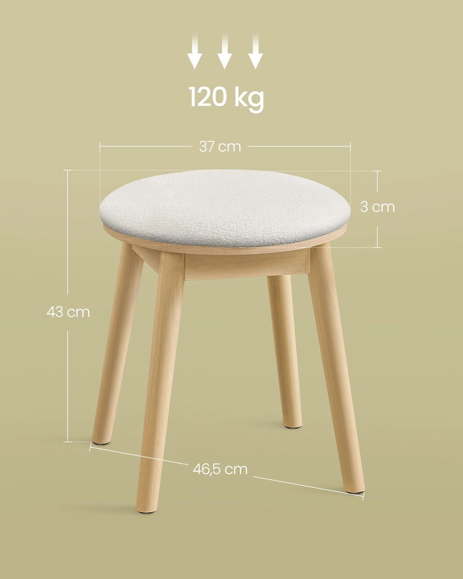 SONGMICS HOME BOHOVEN Colección - Taburete de Tocador, Taburete Tapizado con Patas de Madera Maciza, Reposapiés Redondo, Almohadillas Pies, Estilo Bohemio, para Dormitorio, Blanco Crema y Beige Roble