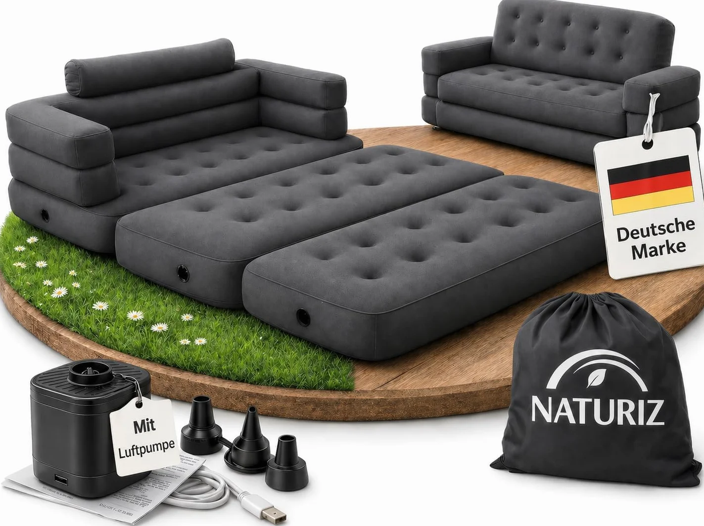 Naturiz® Pull Out - Sofá de camping con función de cama (165 x 220 cm, cama de invitados para 2 personas, sofá hinchable con bolsa de transporte, pequeño minisofá, sofá de aire (gris, con bomba)