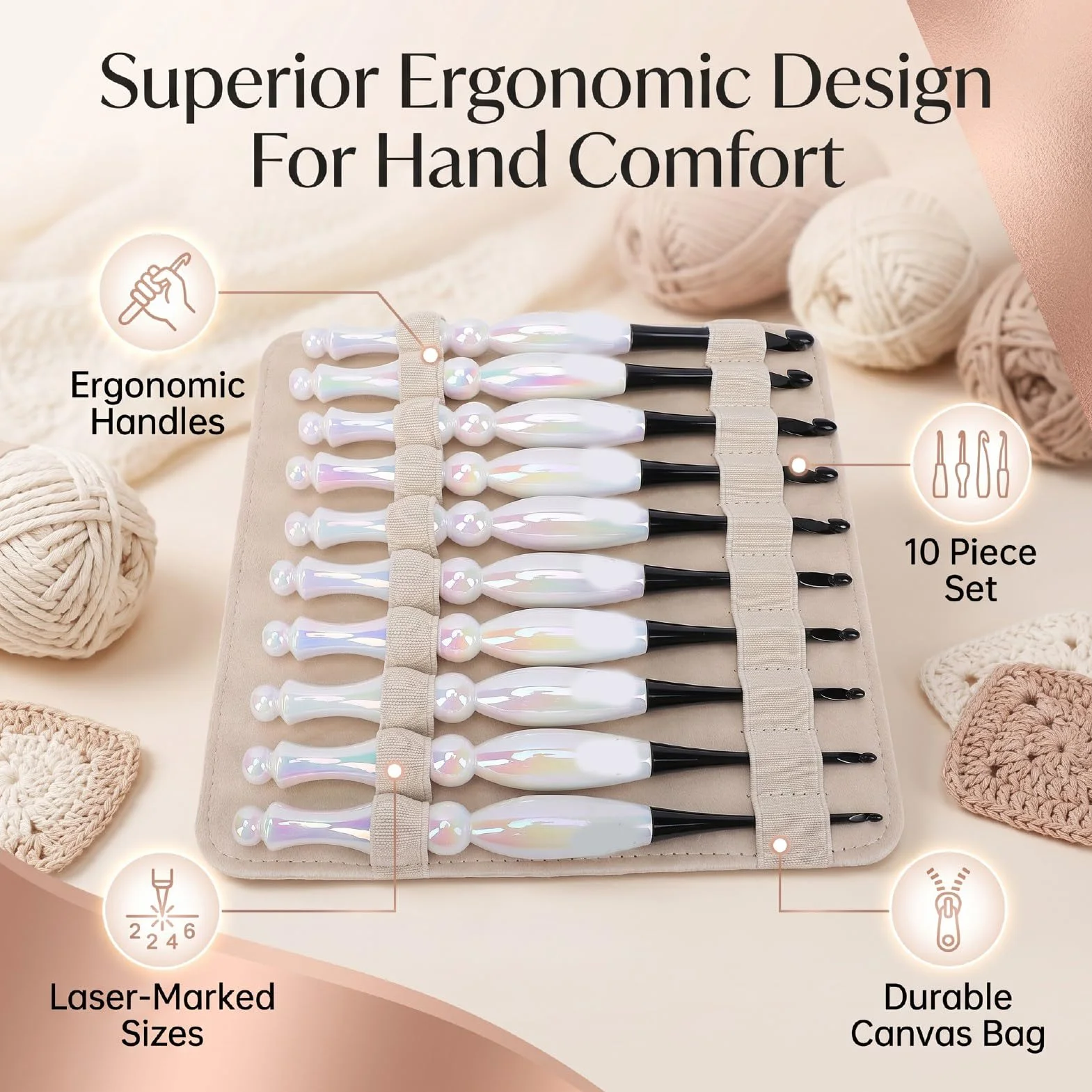 Zhjvihx Juego de 10 Agujas de Ganchillo, Ergonómico con Bolsa de Almacenamiento Beige, Ganchos Extra Largos para Tejer Decoración del Hogar, Kit Completo de Ganchillo para Principiantes