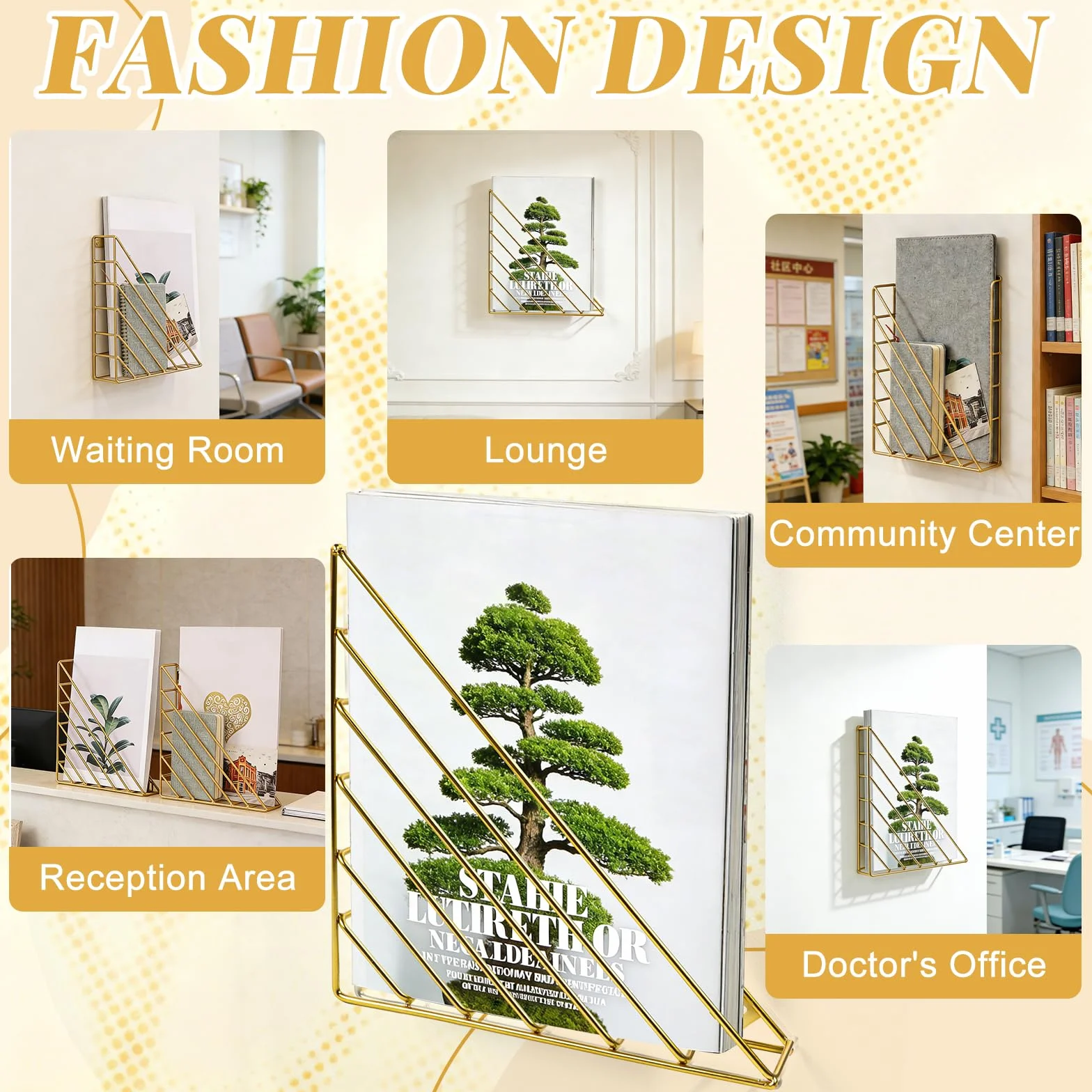 Organizador de Pared Triangular de Metal para Revistas con Tornillos, Dorado