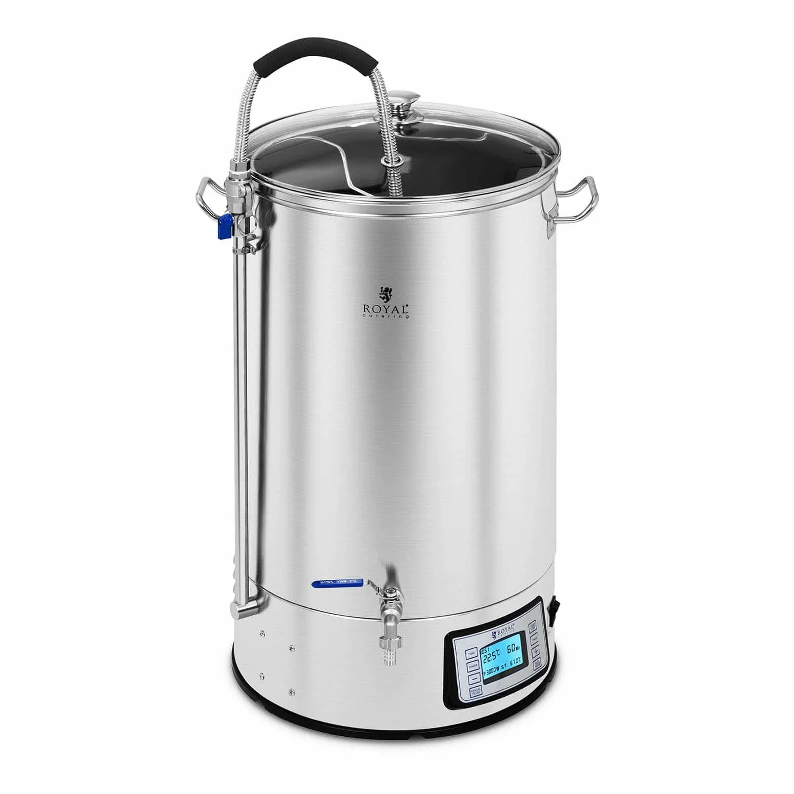 Royal Catering Hervidor de Acero Inoxidable para Preparar Cerveza casera 60L 3000W RCBM-42N (Rango de calefacción 1800 W + 1200 W, 2 Elementos de calefacción, Modos automático/Manual, Grifo de