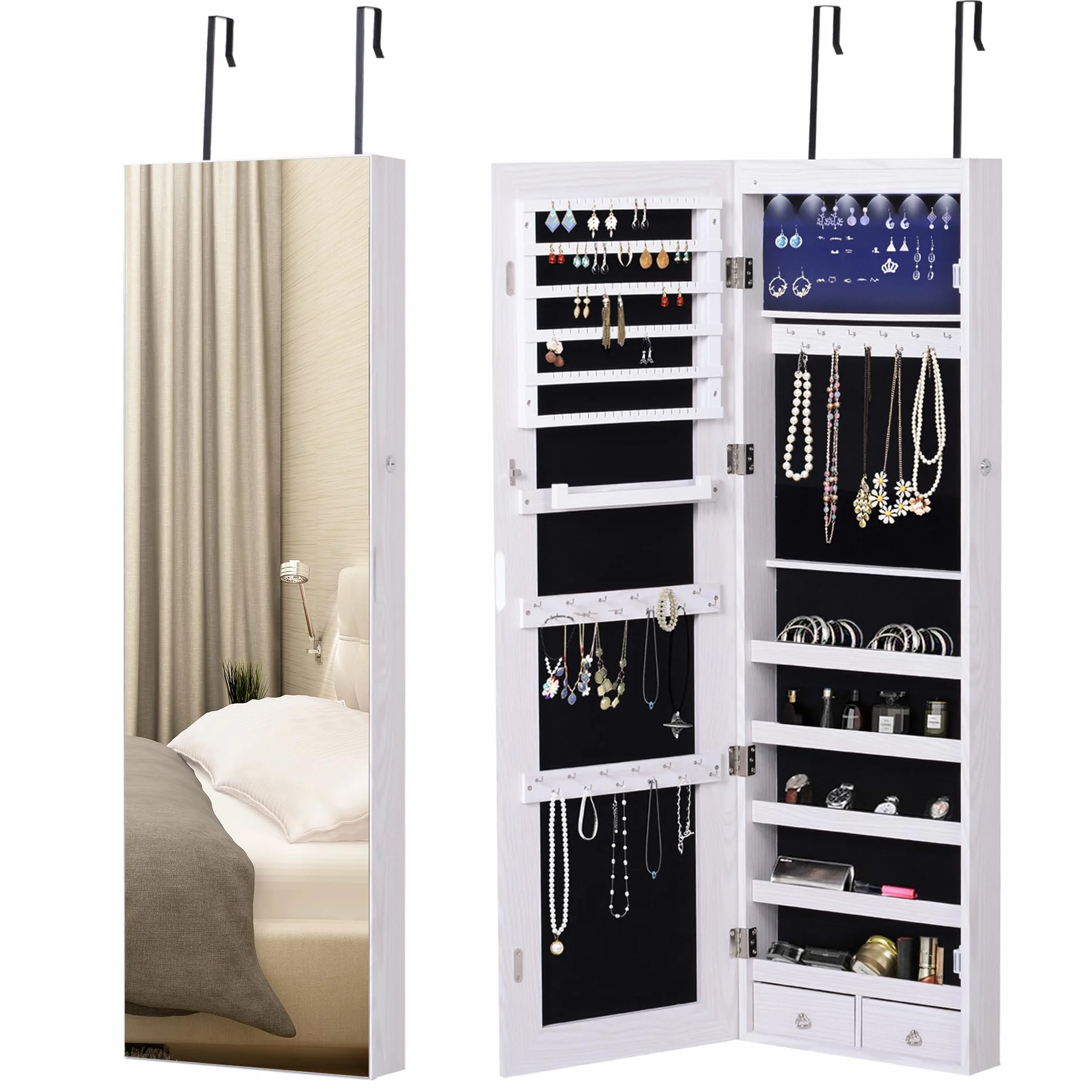 HOMCOM Espejo Joyero Colgante de Pared o Puerta con 6 Luces LED 5 Estantes 2 Cajones Pequeños Espejo Armario Montado con Cerradura para Dormitorio 37x120x10 cm Blanco