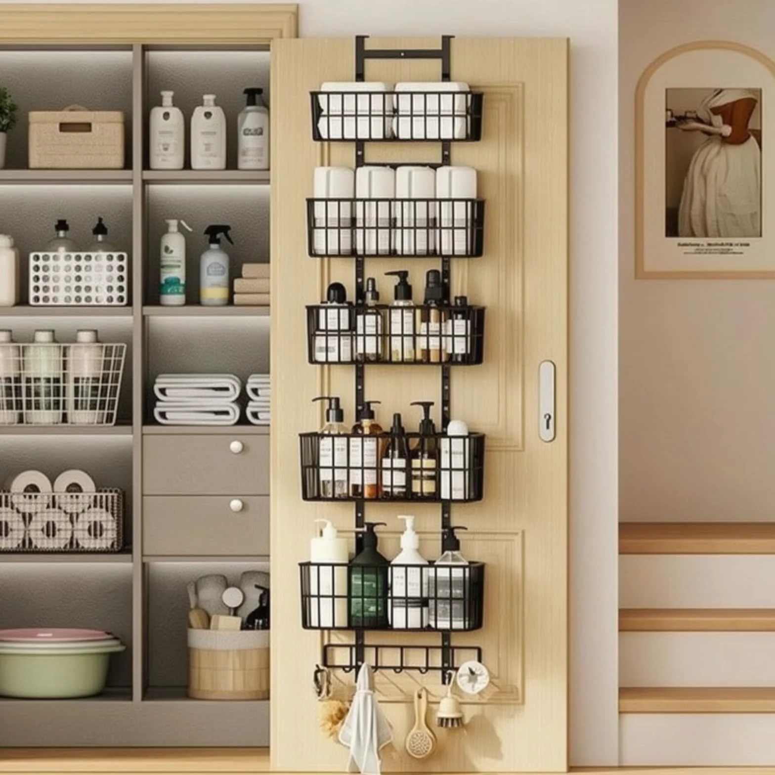 Organizador sobre la Puerta con Cestas Colgante Organizador sobre la Puerta con Varios Ganchos Ahorra Espacio Estantería para Baño,