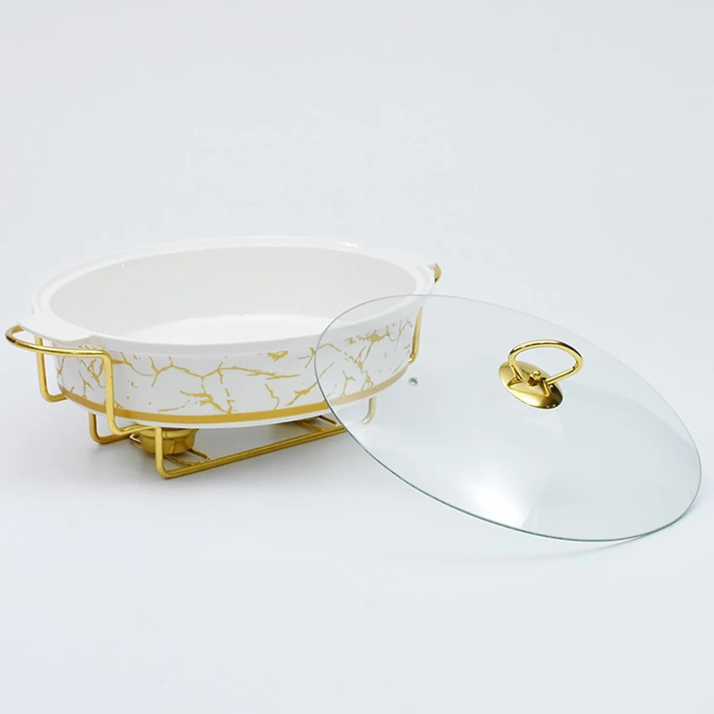 Elegante Juego De Calentadores De Cerámica, con Acabado De Mármol, Tapas De Vidrio Y Detalles Dorados, Vajilla Duradera para Fiestas Y Eventos Gastronómicos. 2L