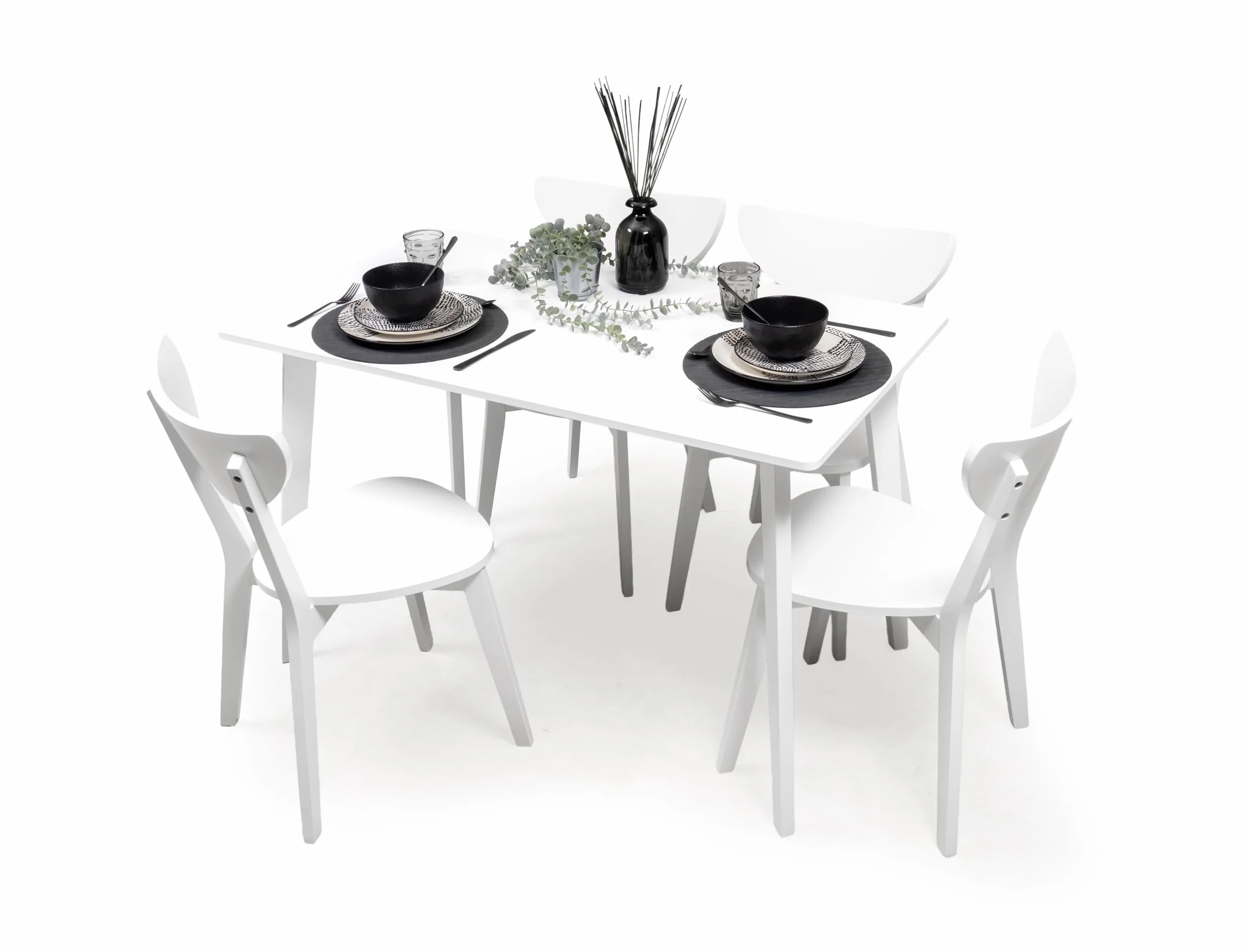 Homely®| Conjunto de Comedor Wendover con Mesa Rectangular 120x70 cm. y 4 Sillas, | Madera lacada Blanco | Estilo Nórdico-Escandinavo | Madera Maciza y MDF | Pack de mesa y sillas informal y económico