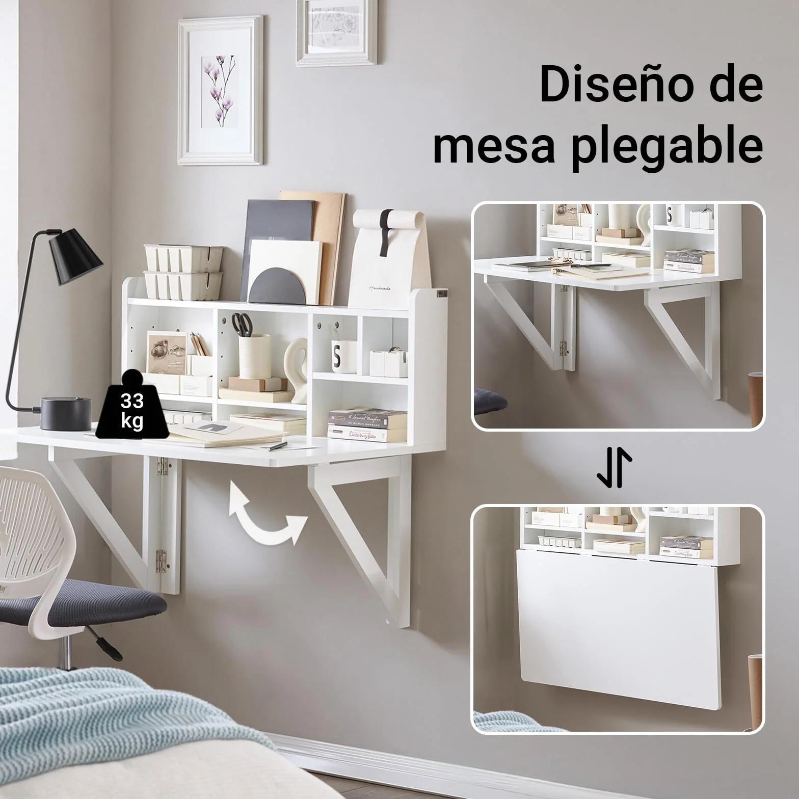 SoBuy Mesa Plegable de Pared con estantería, Mesa de Cocina Plegable Auxiliar, Mesa Comedor Blanca para Cocina pequeña, Mesa de Pared abatible 90x60 cm, 90x78x60 cm FWT07-II-W