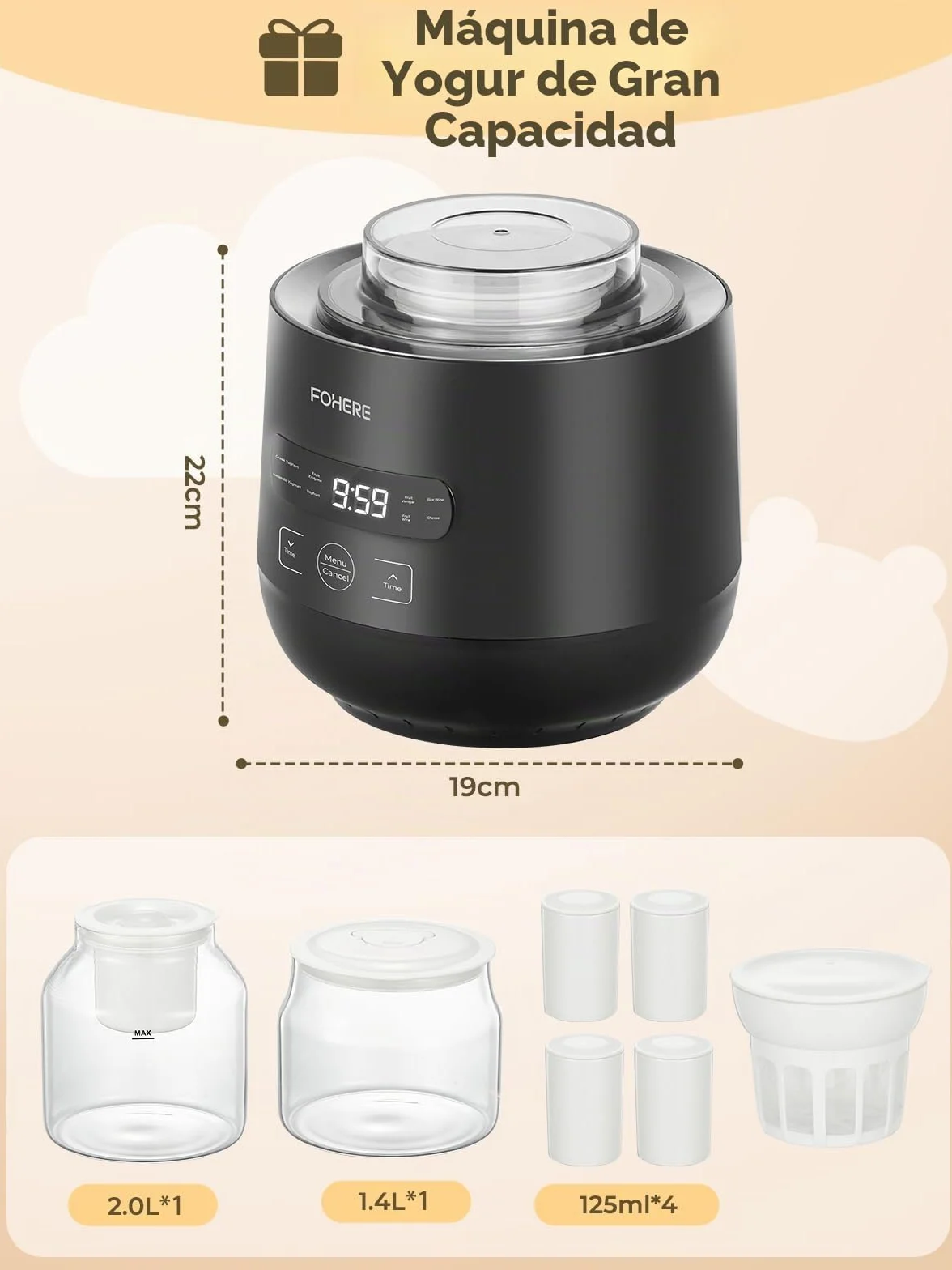 FOHERE Yogurtera con 2 XXL Tarros Capacidad de 2000 ml y 1400 ml, 4 * 125 ml Vasos y Tapa, 8 Programas Preestablecidos, Pantalla LCD, Temporizador, Potencia 20 W, Sin BPA